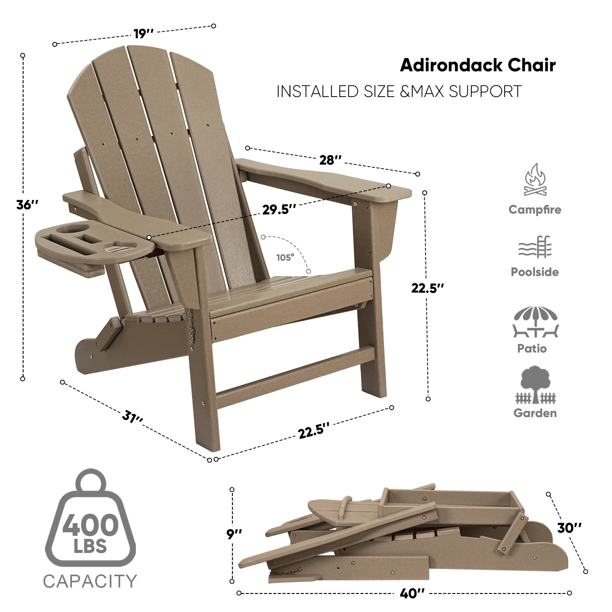 FOOWIN HDPE Plastic Adirondack Chairs Set of 4, Black - Image 108