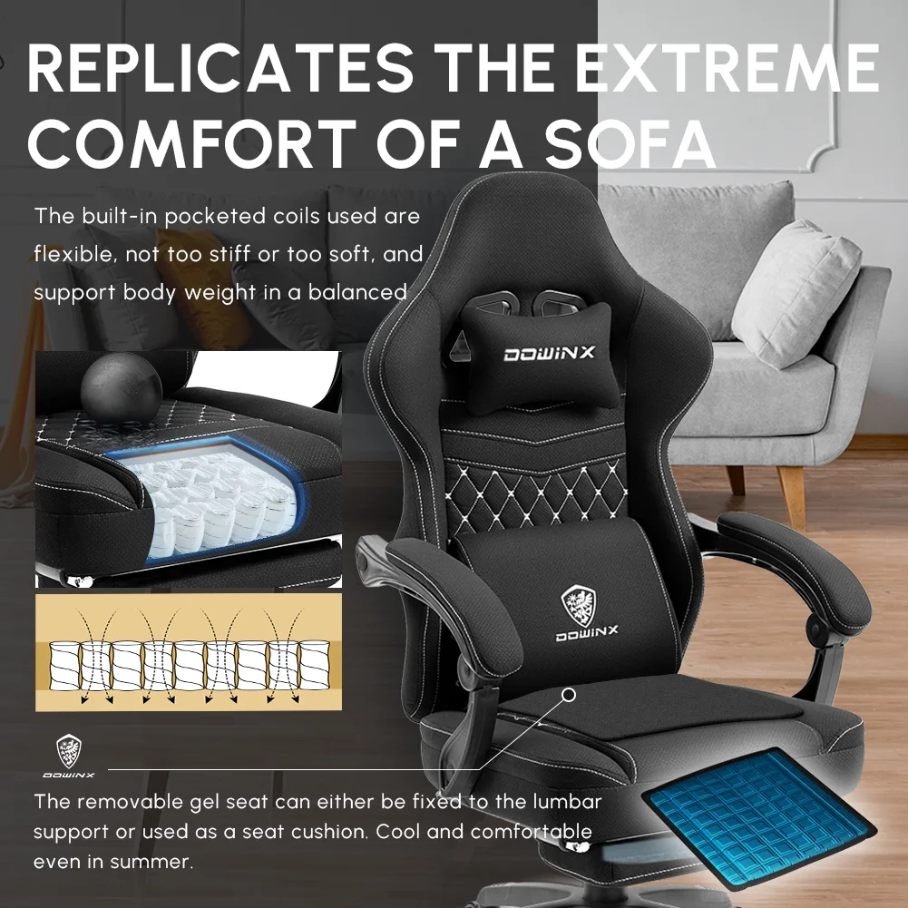 Dowinx Gaming Chair with Pocket Spring Cushion, Breathable Fabric Computer Chair with Gel Pad, Comfortable Office Chair with Storage Bag, Massage Game Chair with Footrest, Green - Image 40