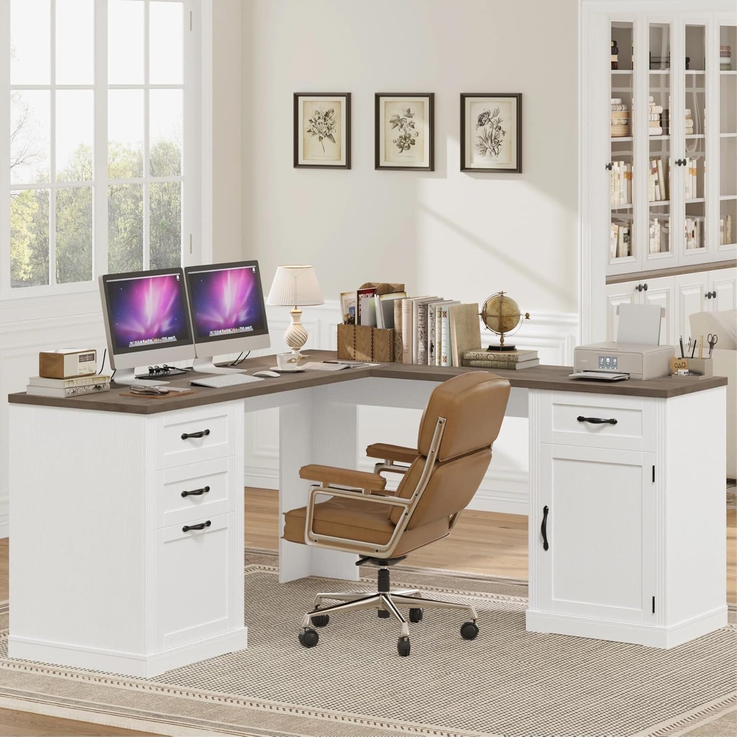HIFIT Farmhouse Executive L Shaped Desk with Power Outlets, 60
