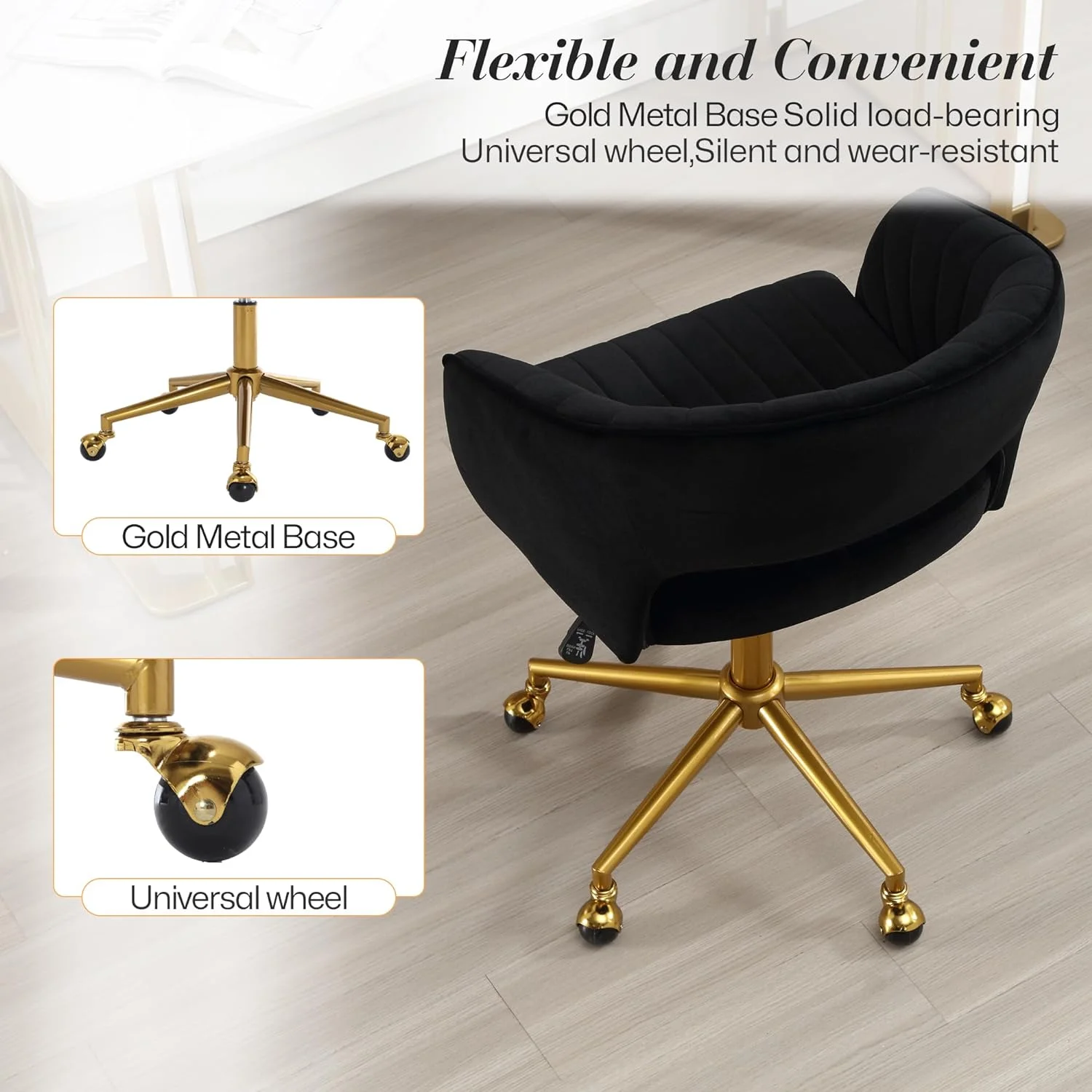 Home Office Swivel Desk Chair, Modern Velvet Vanity Chair, Height Adjustable Armchair with Gold Base, Ergonomic Office Chair for Task Study Computer Room, Beige - Image 33