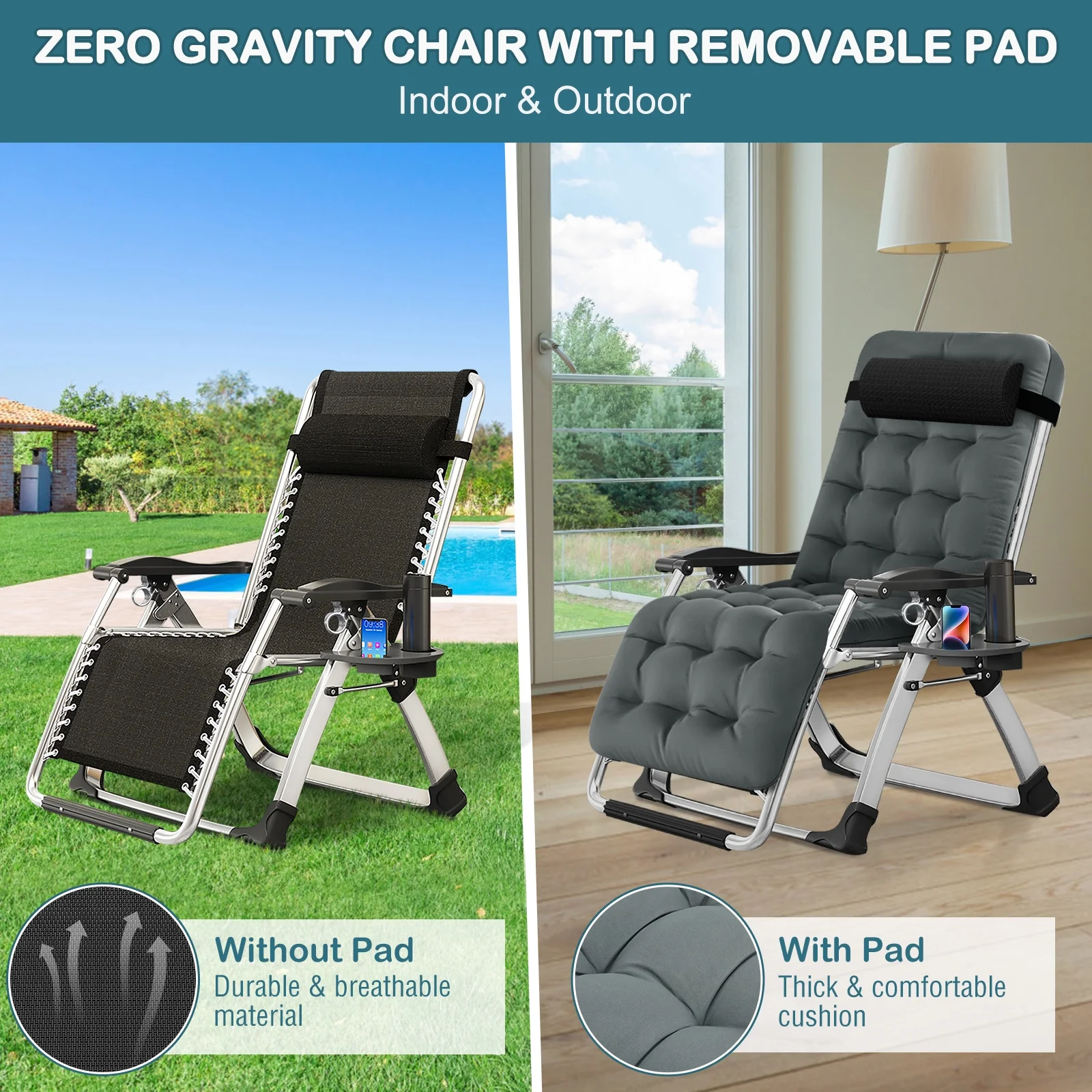NAIZEA Zero Gravity Chair with Removable Cushion and Cup Holder Black - Image 18