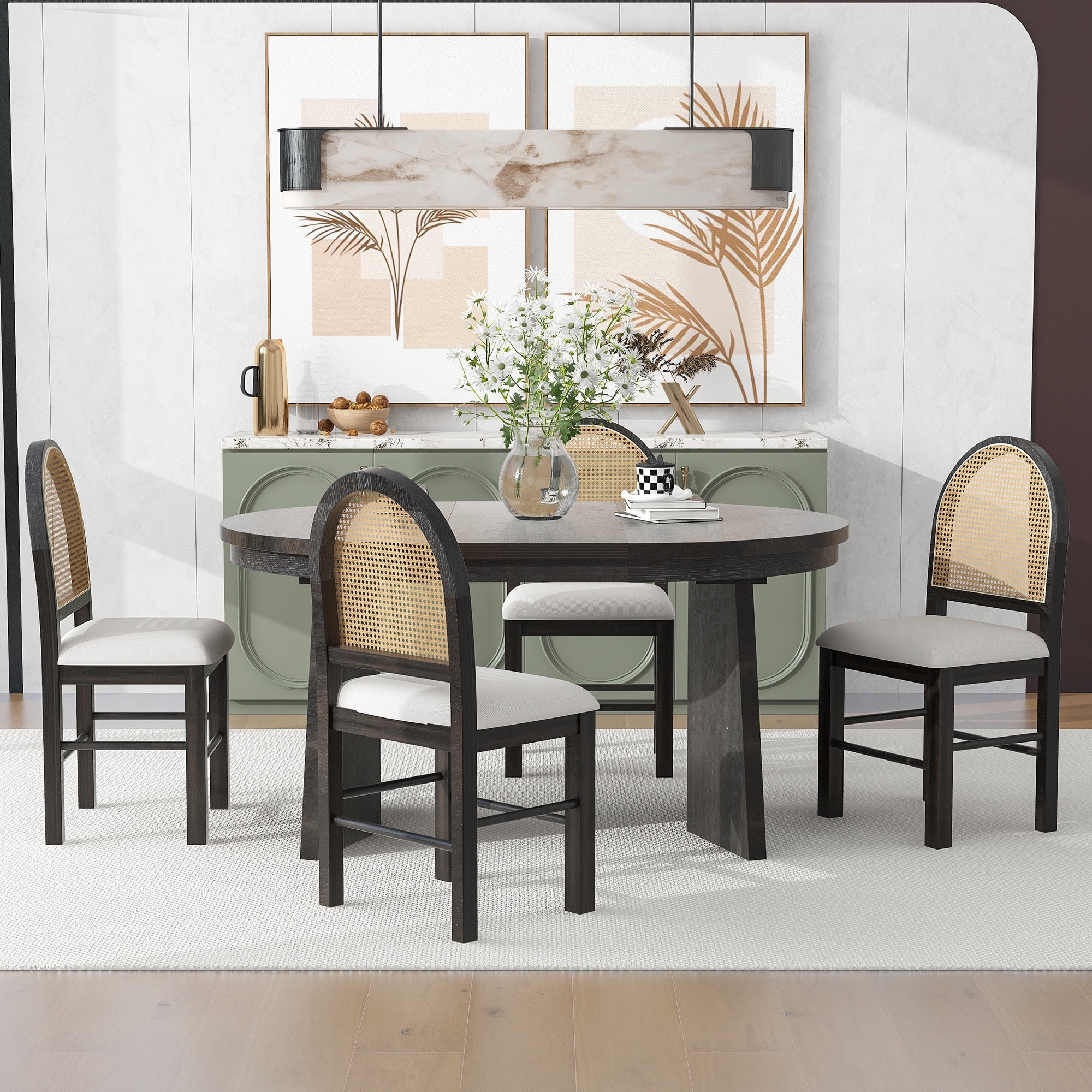 Harper & Bright Designs Farmhouse 6 Pieces Dining Table Set for 6, Solid Wood Kitchen Table Set with 4 Upholstered Chairs and Bench, Grey