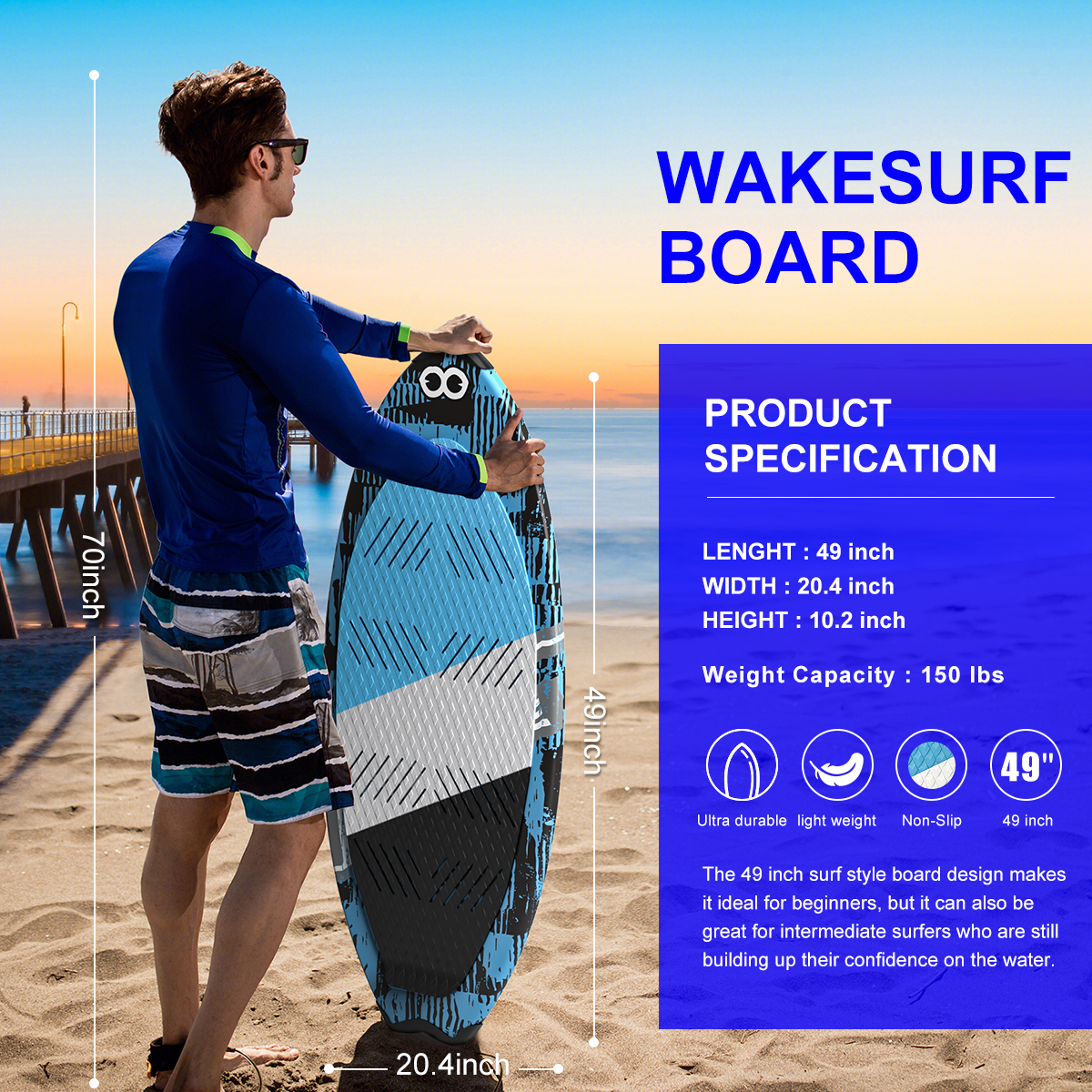New Design Professional Factory 49'' Wakesurf Fiberglass Stand up Paddle Board Wake Surf Boards Surfboard for Beginner