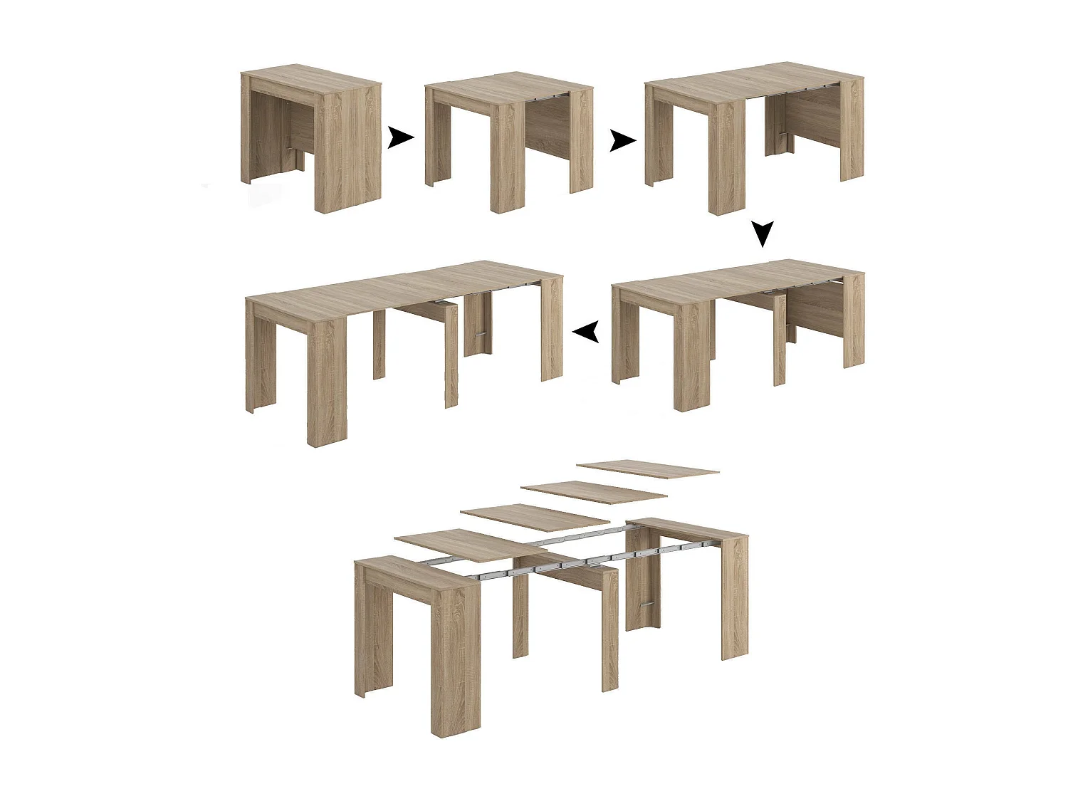 Console Diluna, Table à manger extensible, Table avec rallonges polyvalentes extensible jusqu'à 10 places, 51/237x90h78 cm, Chêne