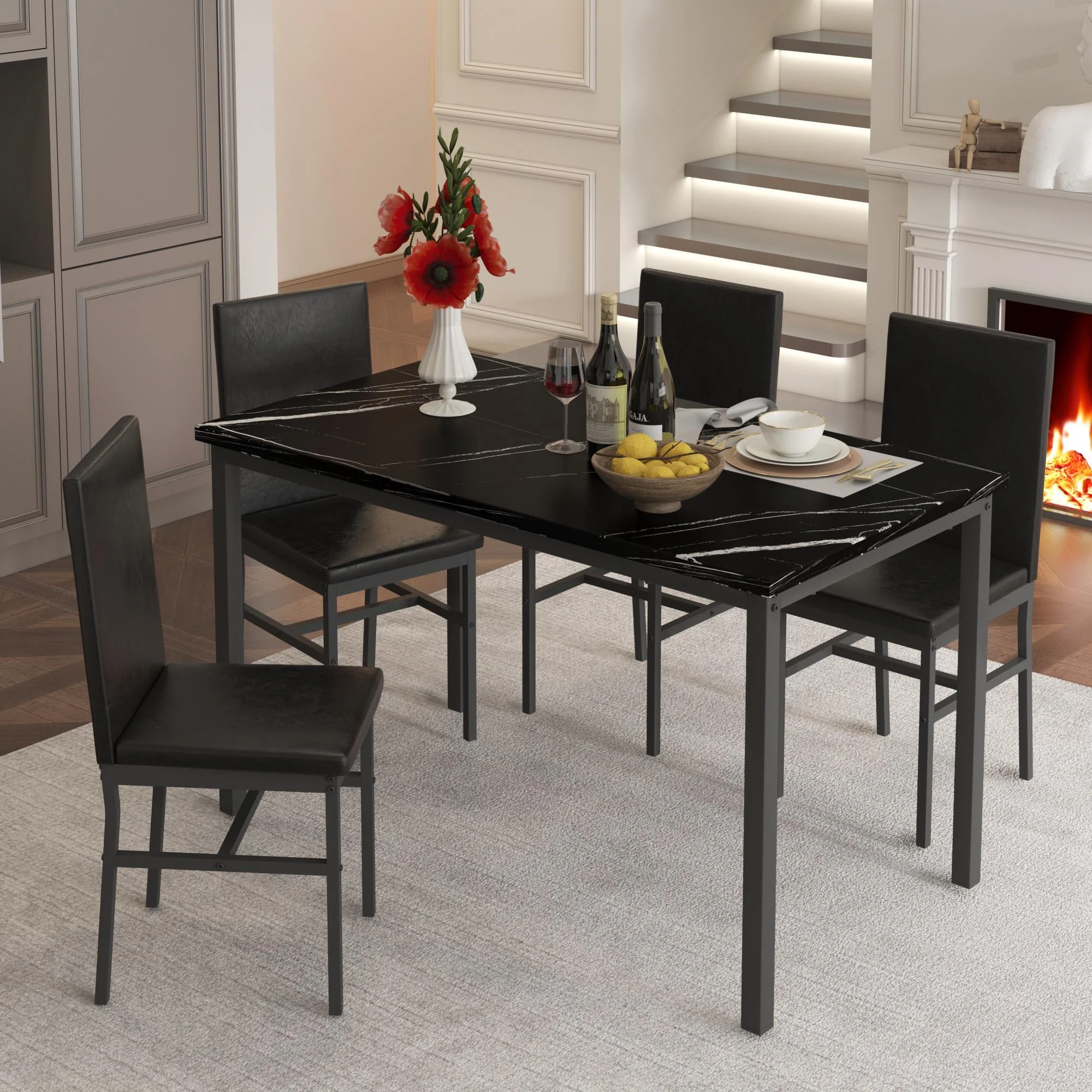 5 Piece Dining Set, Modern Dining Table and Chairs Set for 4, Counter Height Bar Table Set, Modern Pub Table with 4 Velvet Fabric Cushioned Stools, Faux Marble Dining Table & Stools Set, D9297 - Image 62