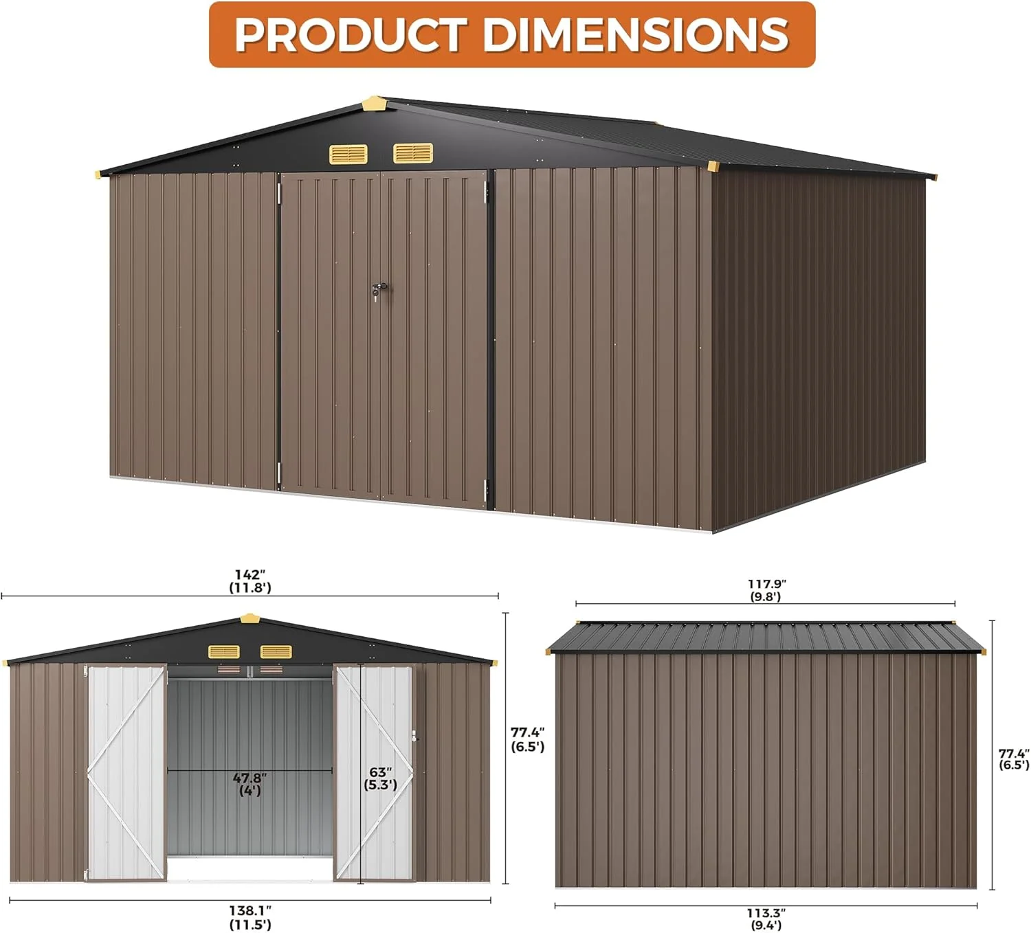 IRONCK Metal Outdoor Storage Shed, 10x12ft, Brown - Image 5 IRONCK Metal Outdoor Storage Shed, 10x12ft, Brown - Image 5
