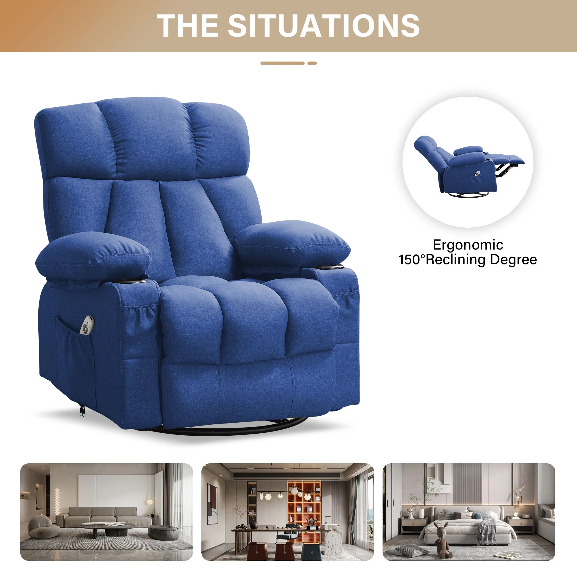 JONPONY Manual Recliner Chair with Heat Therapy and Massage Function, Heavy Duty Reclining Mechanism Massage Chair, Elderly Single Rocker Sofa with Cup Holders for Bedroom Home Theater,Grey - Image 98