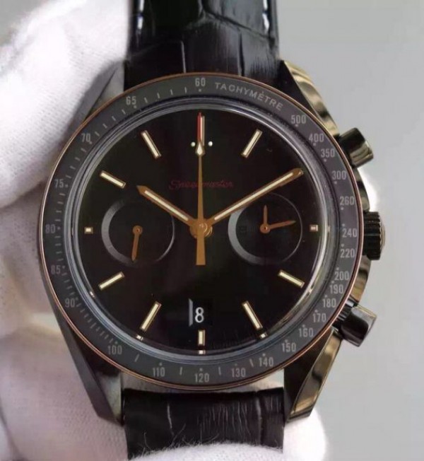 Replica Omega Speedmaster Moonwatch Co-Axial Chronograph Sedna Black Leather A9300 - Elite Watch Atelier