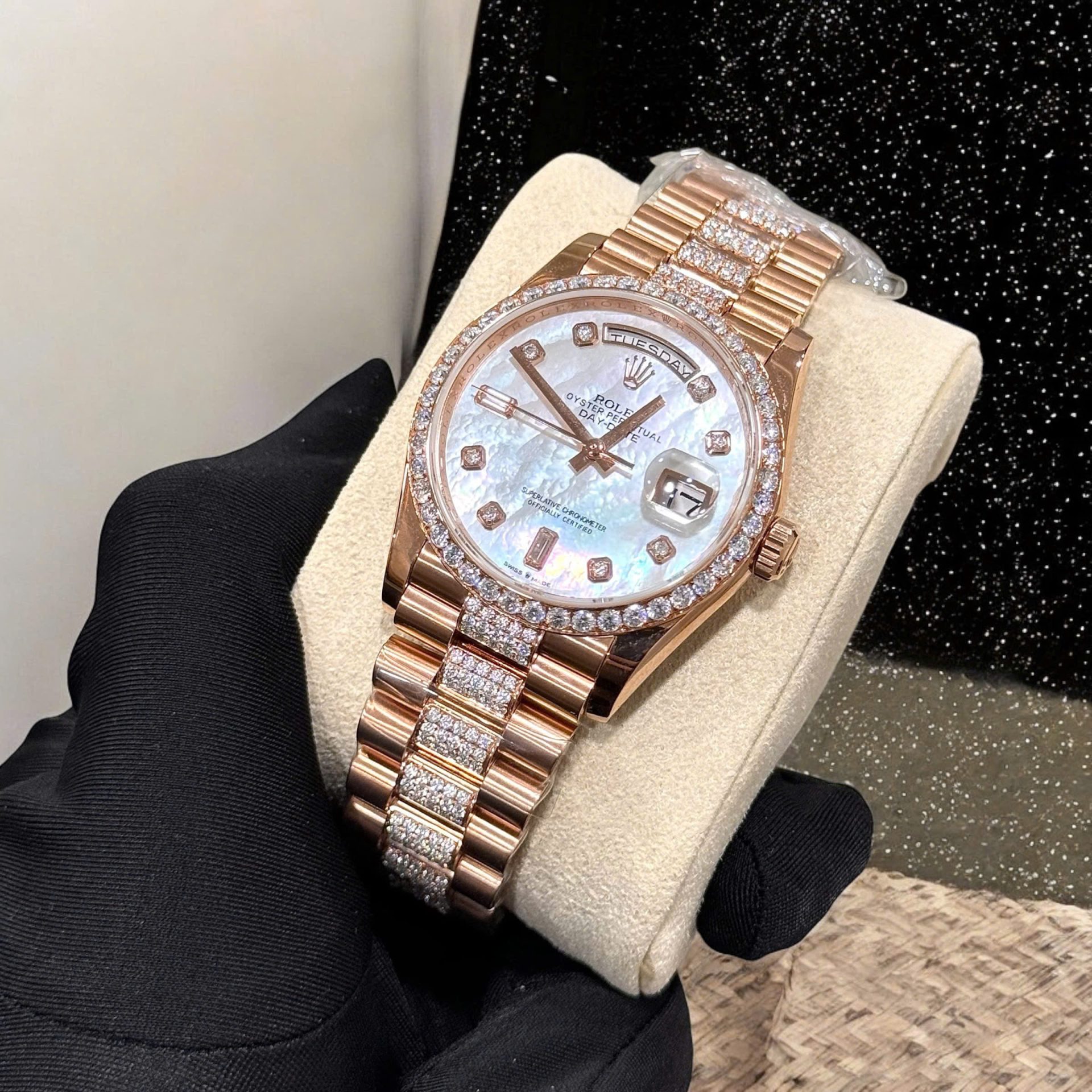Rolex Day-Date Replica Watch Gold Wrapped Moissanite Diamonds Hong Kong 36mm - Elite Watch Atelier