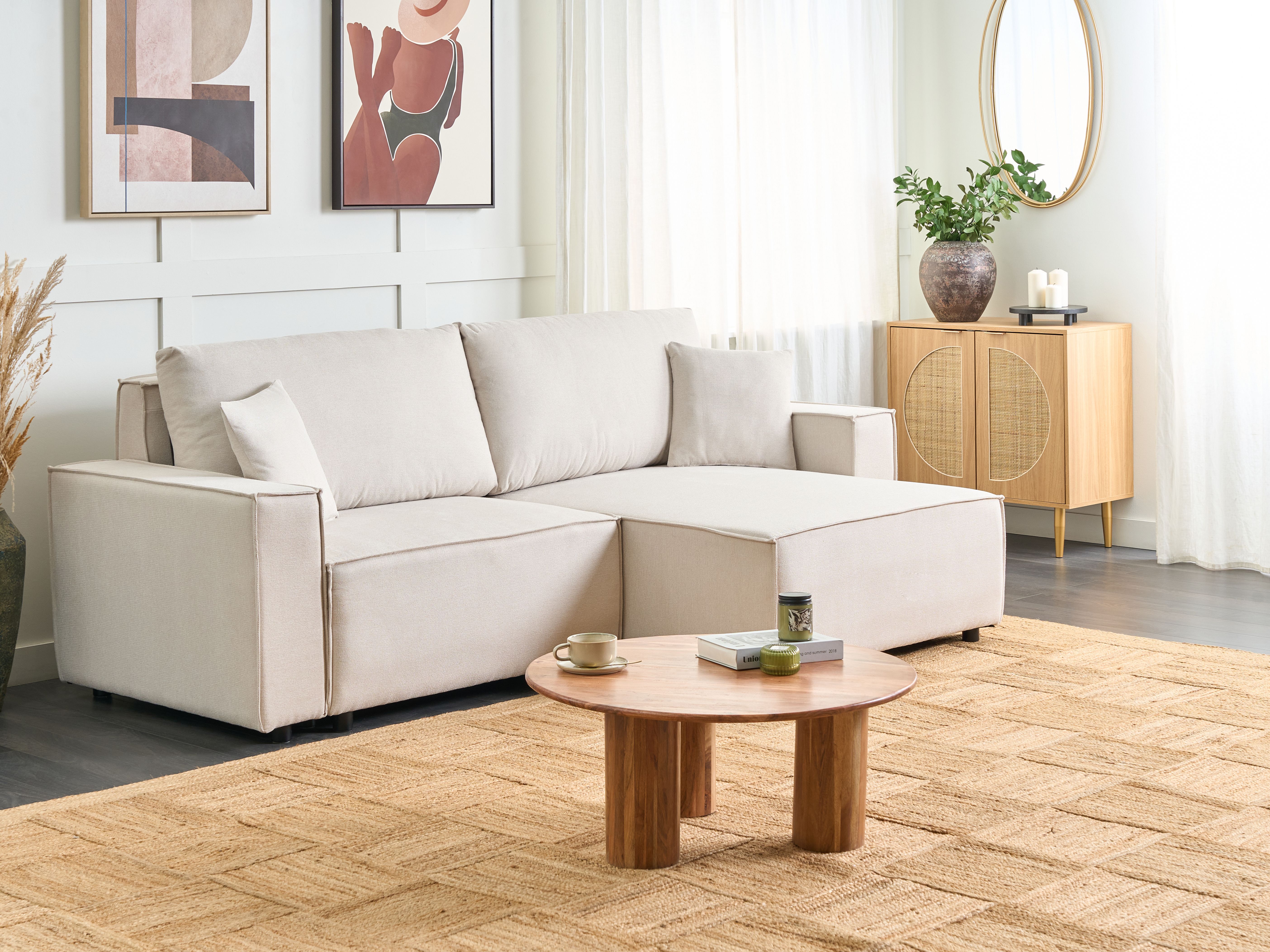 Sofa Bed 3 Seater KARILA Fabric Light Beige with Storage Left Hand