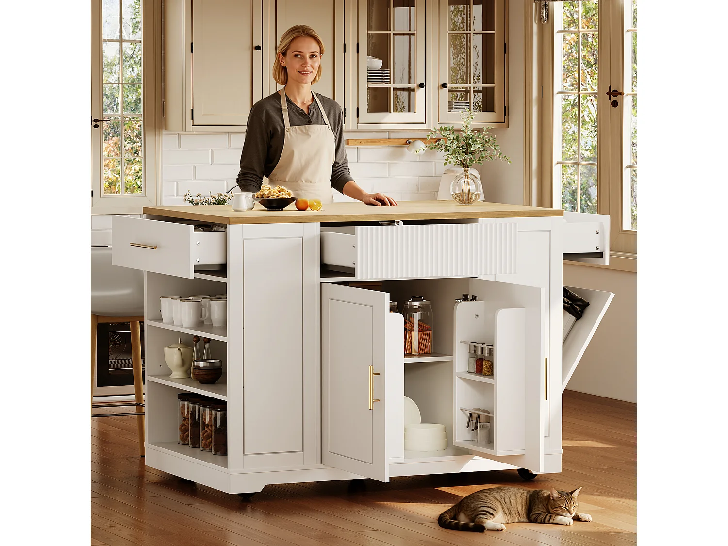 Îlot central à roulettes - 120 x 50 x 92 cm - avec compartiment poubelle + 2 portes et 3 tiroirs - MDF + Métal - blanc