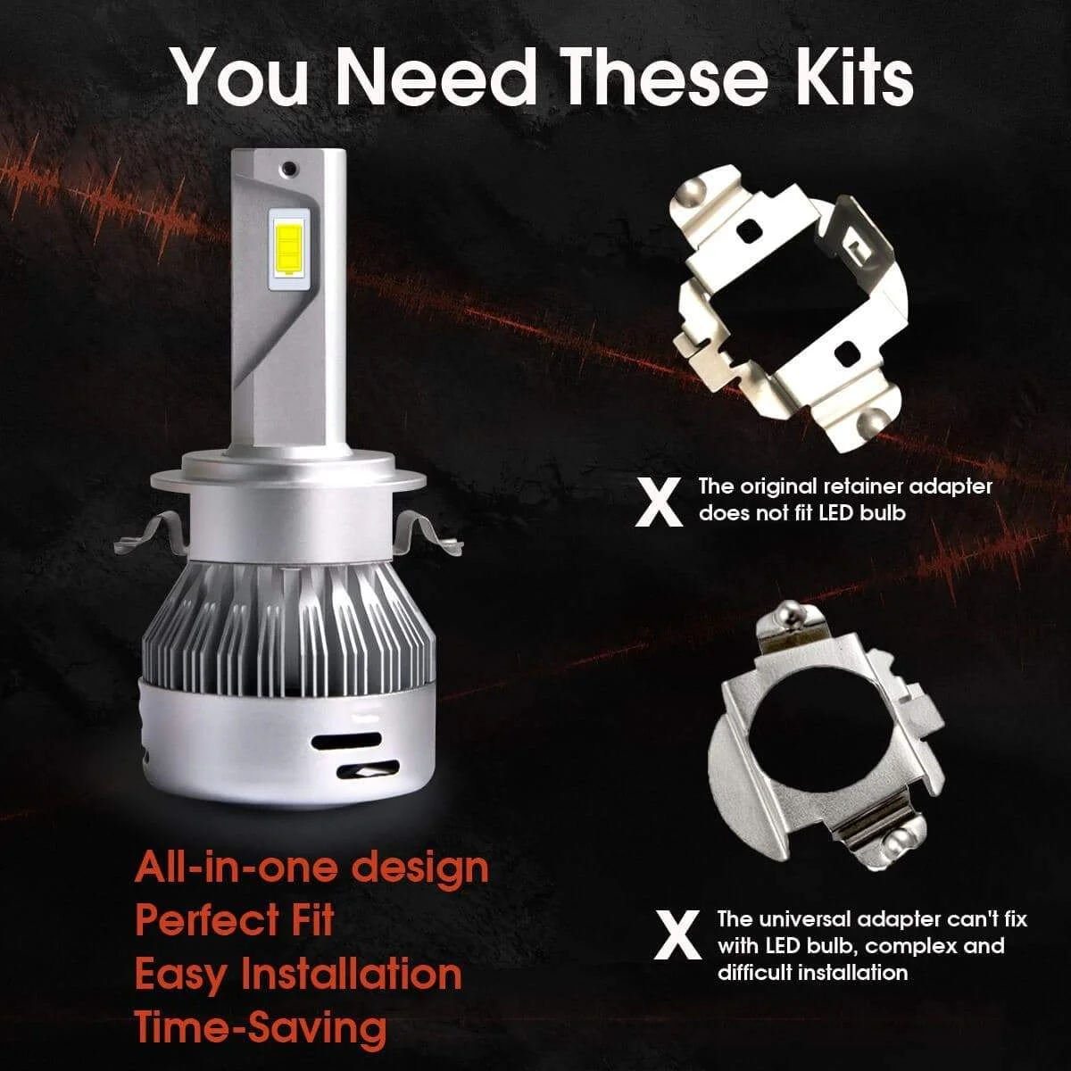 Lasfit Custom H7 LED Headlight Bulb with Retainer Adapter for Mercedes Benz VW Tiguan 60W 6000LM 6000K Plug n Play, 2Pcs