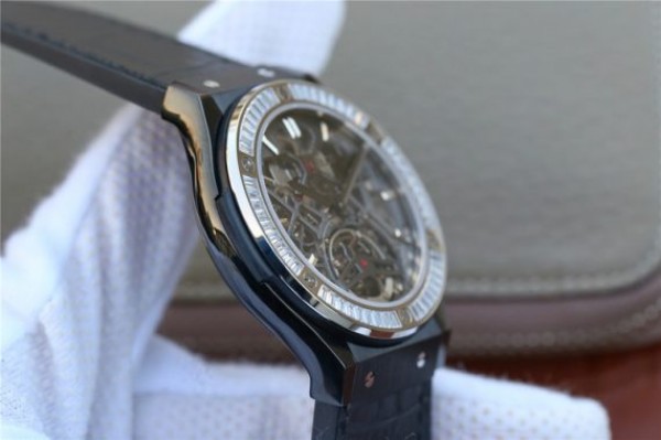Replica Hublot Classic Fusion Tourbillon 42mm TF SS PVD Diamonds Bezel Skeleton Dial Gummy Strap A23J - Top club