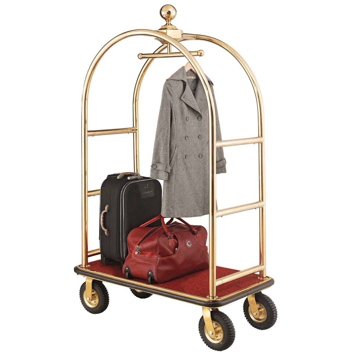 Gold Stainless Steel Bellman Cart Curved Uprights 8" Pneu. Casters, 41-1/4"L x 24"W x 75"H - Image 2