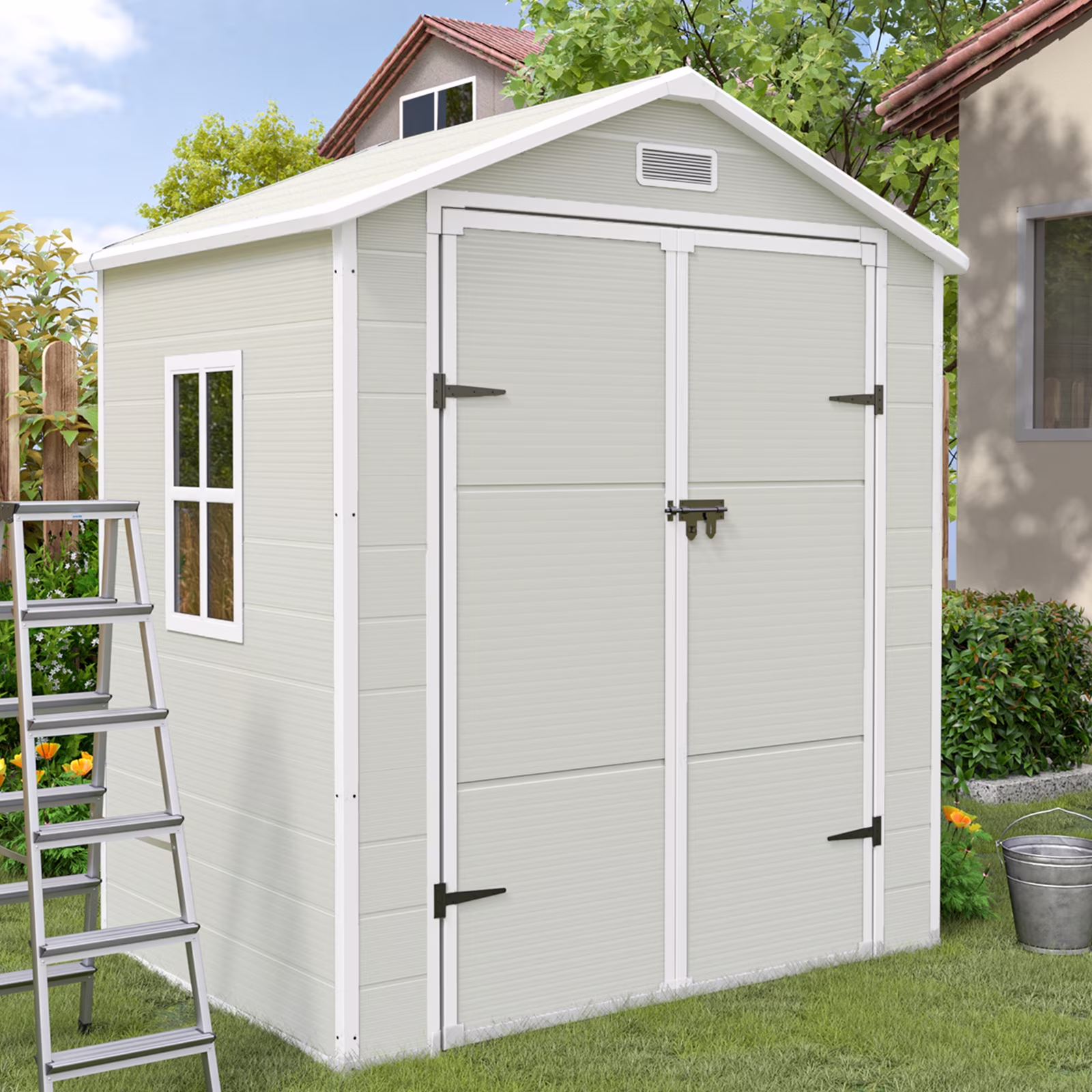 ECOPATIO Outdoor Storage Shed 5x3 FT, Resin Garden Shed for Bike, Tool, Plastic Outside Sheds & Outdoor Storage Storage Box with Lockable Door for Backyard, Patio, Lawn, Sandstone - Image 3