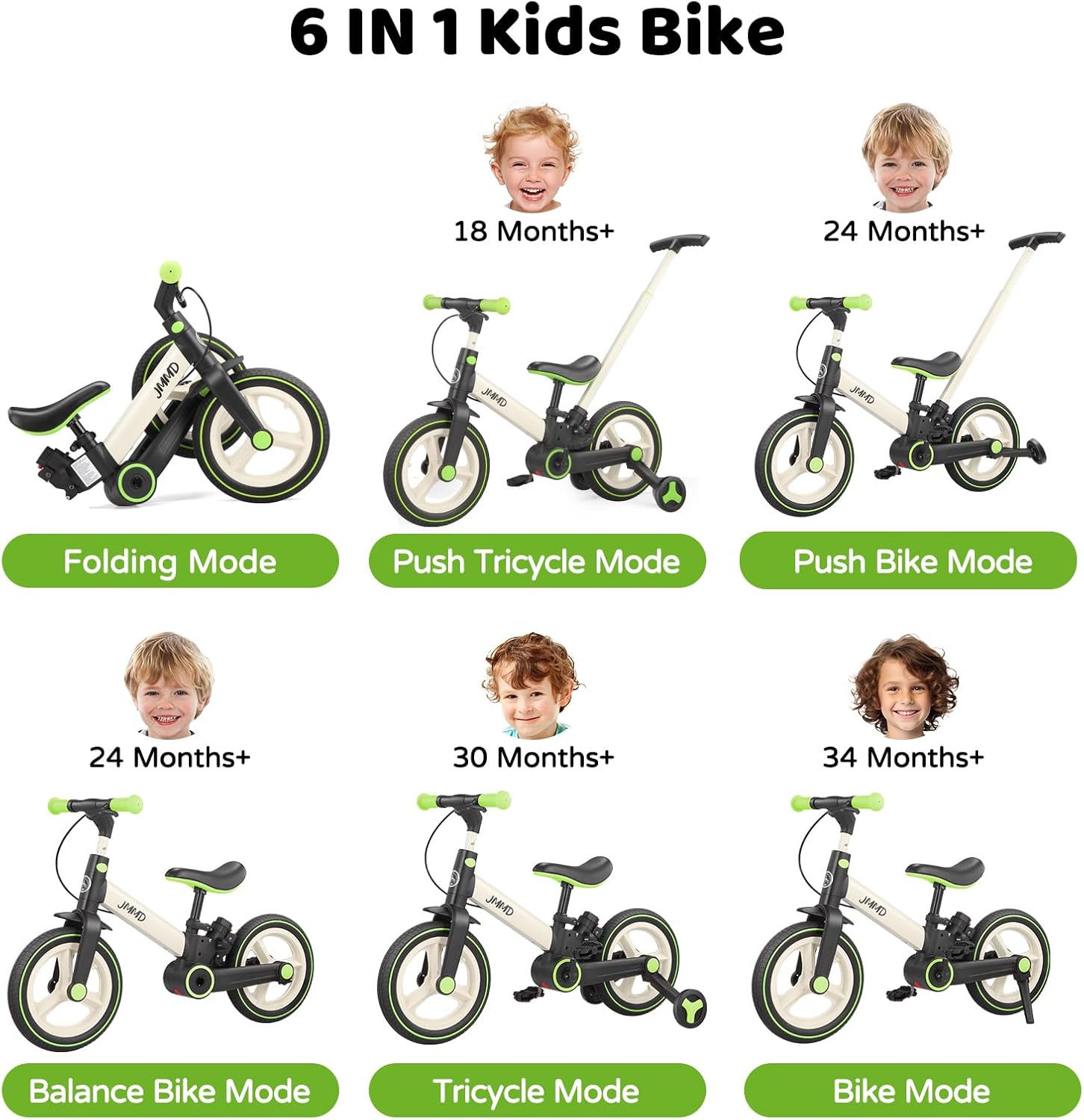 JMMD 6 in 1 Toddler Bike with Push Handle for Kids 18-60 Months, 12