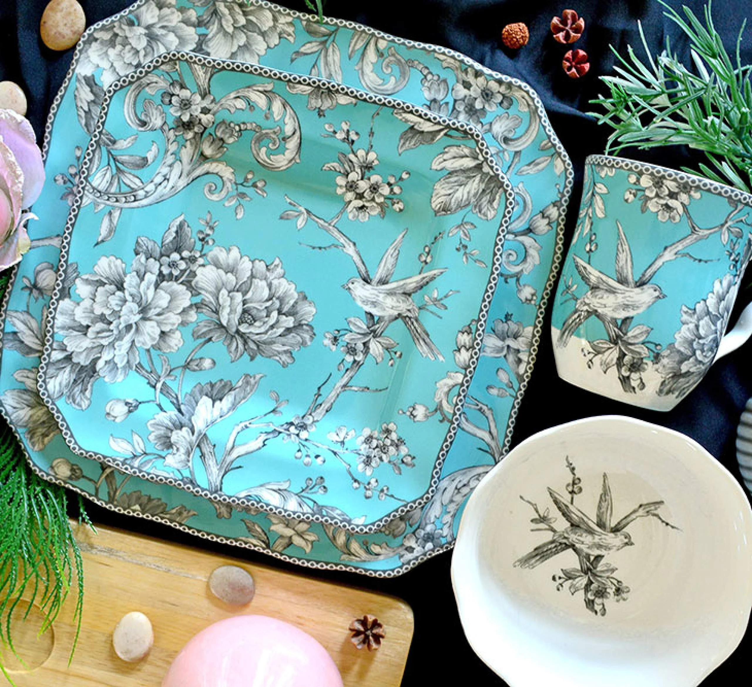222 Fifth Adelaide Round 16-Piece Porcelain Dinnerware Set, Black Toile - Image 36