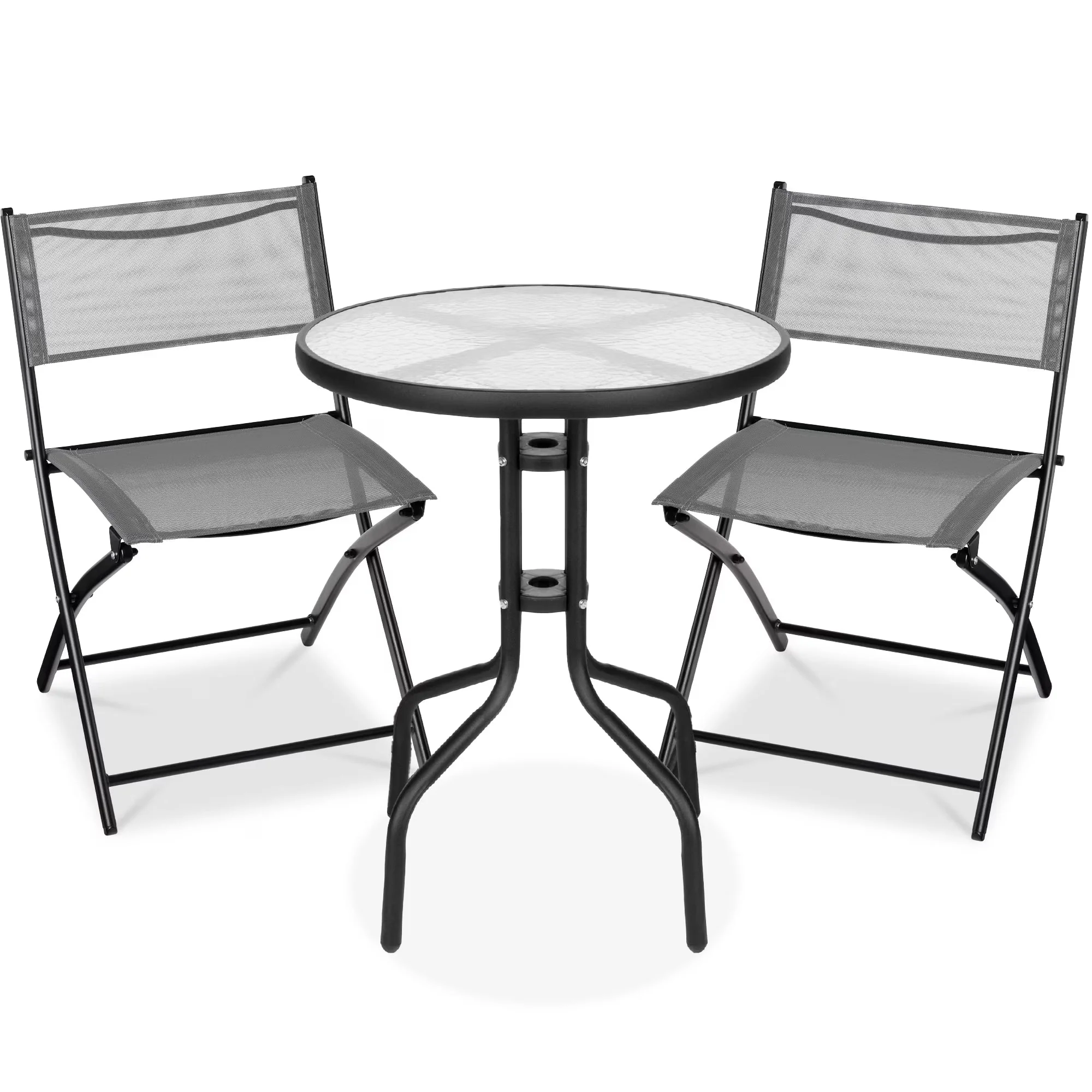 Best Choice Products 3-Piece Patio Bistro Dining Set With Glass Tabletop And Folding Chairs - Gray