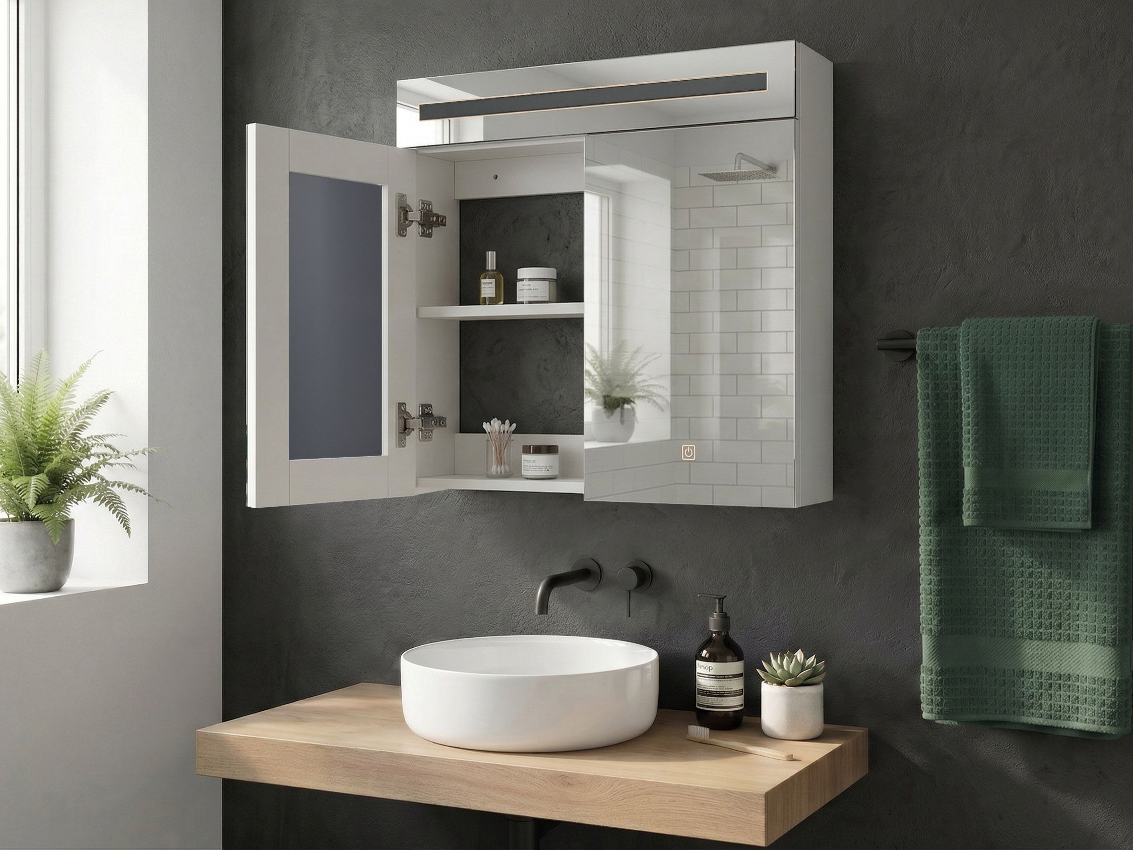 Bathroom Wall Mounted Mirror Cabinet LED JARAMILLO 60 cm 60 cm White