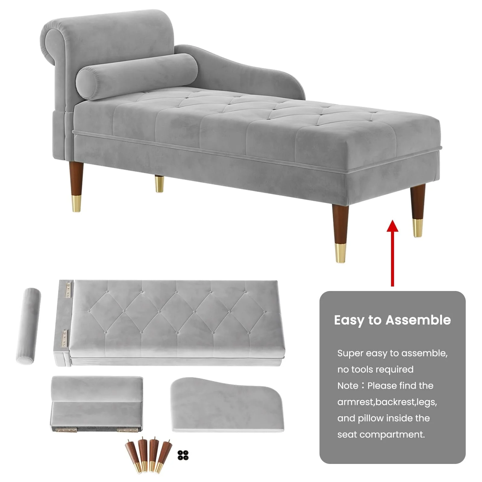 Vesgantti Velvet Chaise Lounge,59" Modern Upholstered Lounge Chair Indoor with Round Armrest Lumbar Pillow, Single Sofa for Living Room Bedroom Office,Grey - Image 7