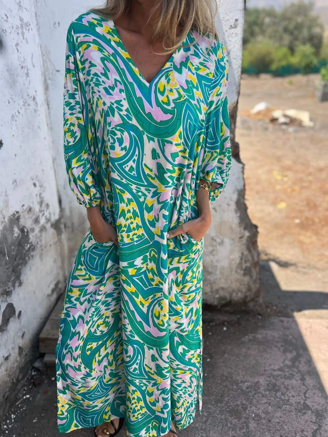 Full Size Printed V-Neck Dress with Pockets Plus Size - ZKZOOK