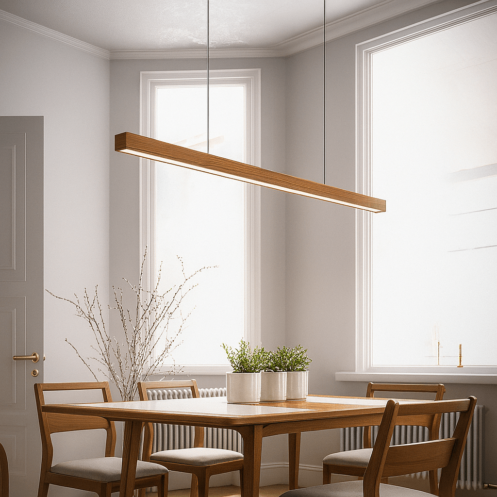 Moderne Houten Hanglamp Eettafel met Verstelbare LED Verlichting – Scandinavisch Design voor Eetkamer en Keuken