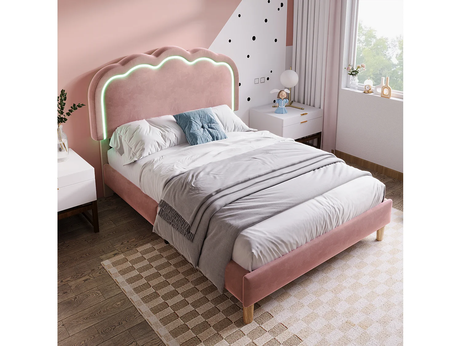 Lit enfant 90x190 cm lit simple avec sommier à lattes et tête de lit réglable - tissu en velours rose - sans matelas