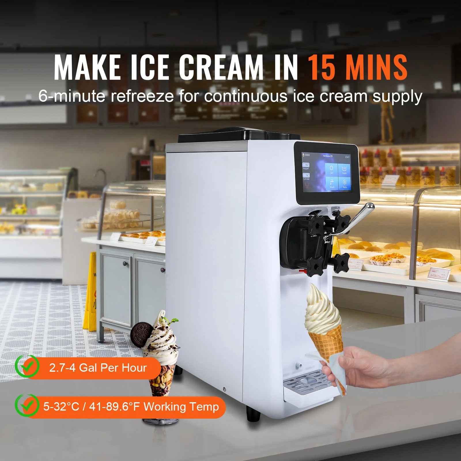 KFFKFF Commercial Ice Cream Machine Output of 10.6 QT/H, 1000W Single Taste Tabletop Soft Serve Ice Cream Device, 4L Reservoir 1.6L Cylinder, Digital Screen Automatic Cleaning Pre-chilling - Image 6