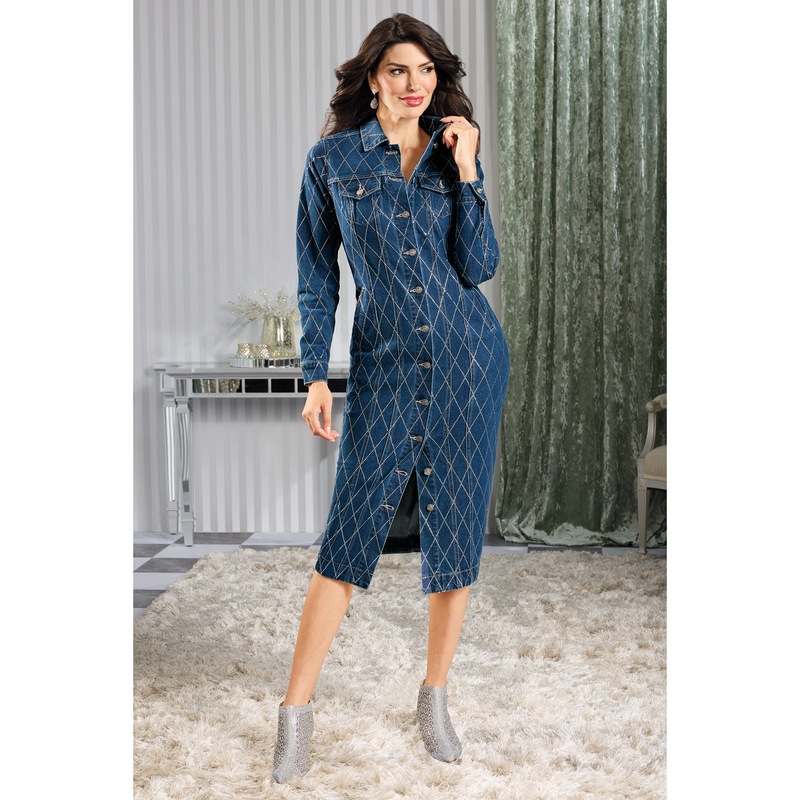 Diamond Pattern Denim Sheath Dress - MIDNIGHT VELVET CATALOG