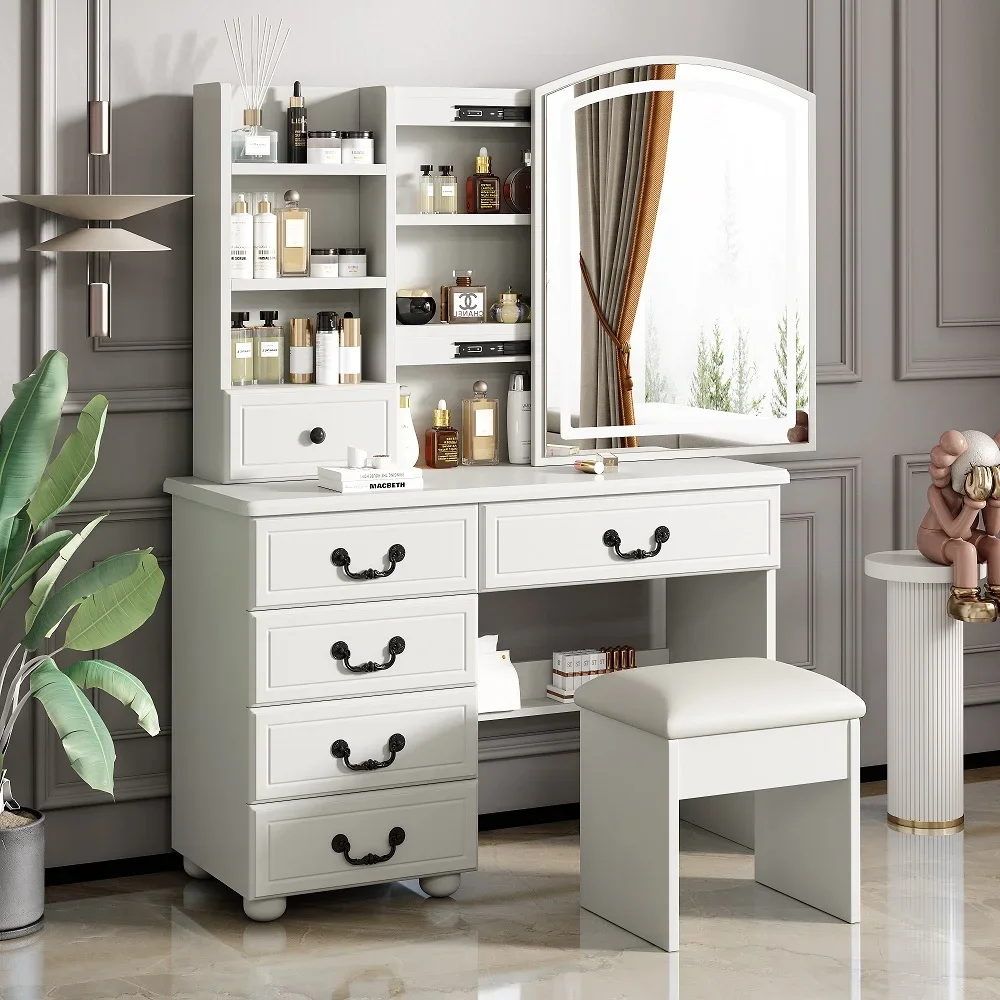 Montary Modern Mini Vanity w/Adjustable LED Mirror + Hidden Storage, Padded Stool & Dustproof Shelves (White) - Image 153