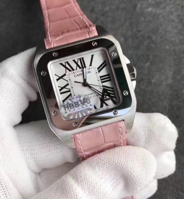 Replica Cartier Santos 100 33mm SS White Dial Pink Leather Strap SEIKO NH05A - Elite Watch Atelier