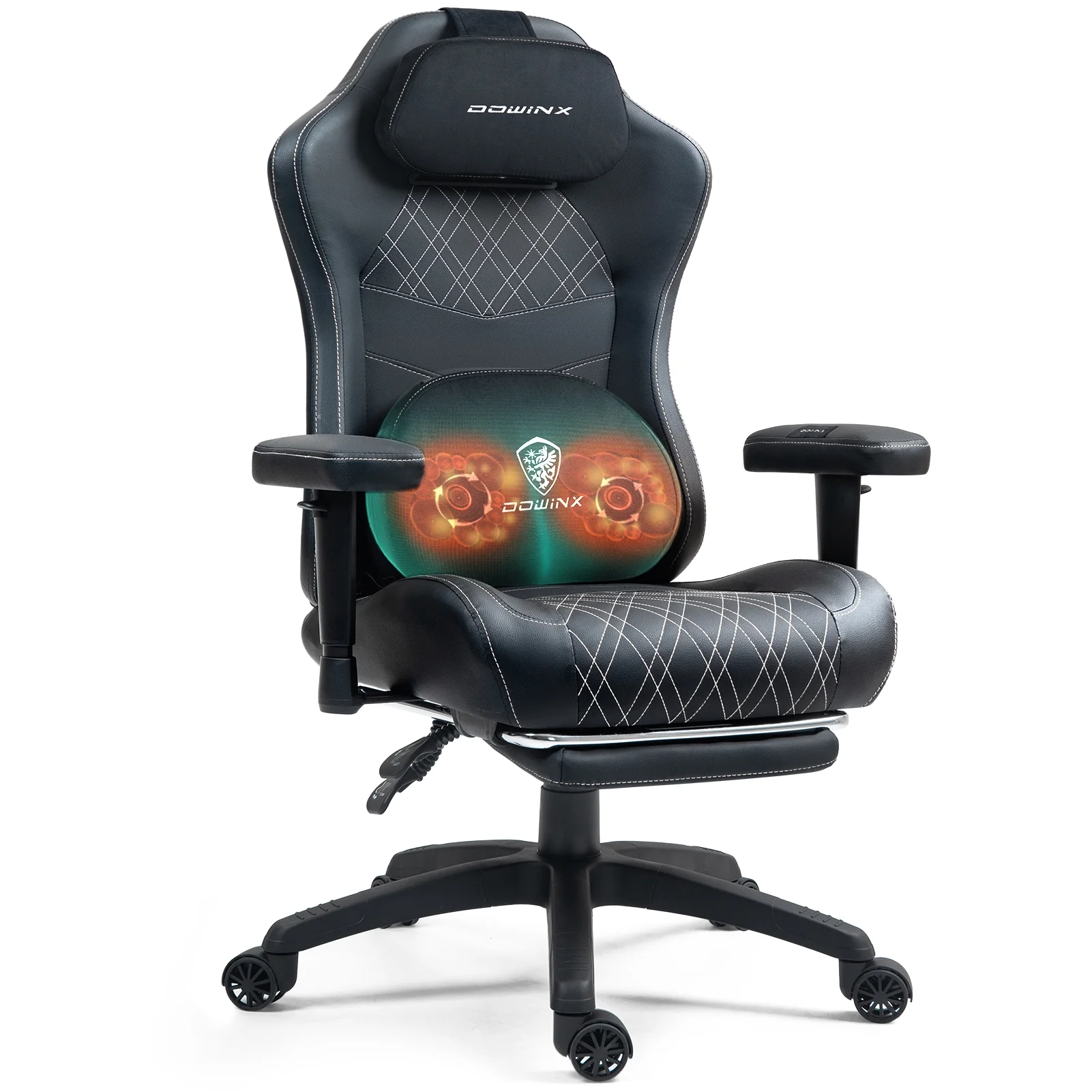Dowinx Heated Massage Gaming Chair - Ergonomic Recliner with Pocket Spring Cushion, Adjustable Armrests & Footrest, Black-White - Image 4