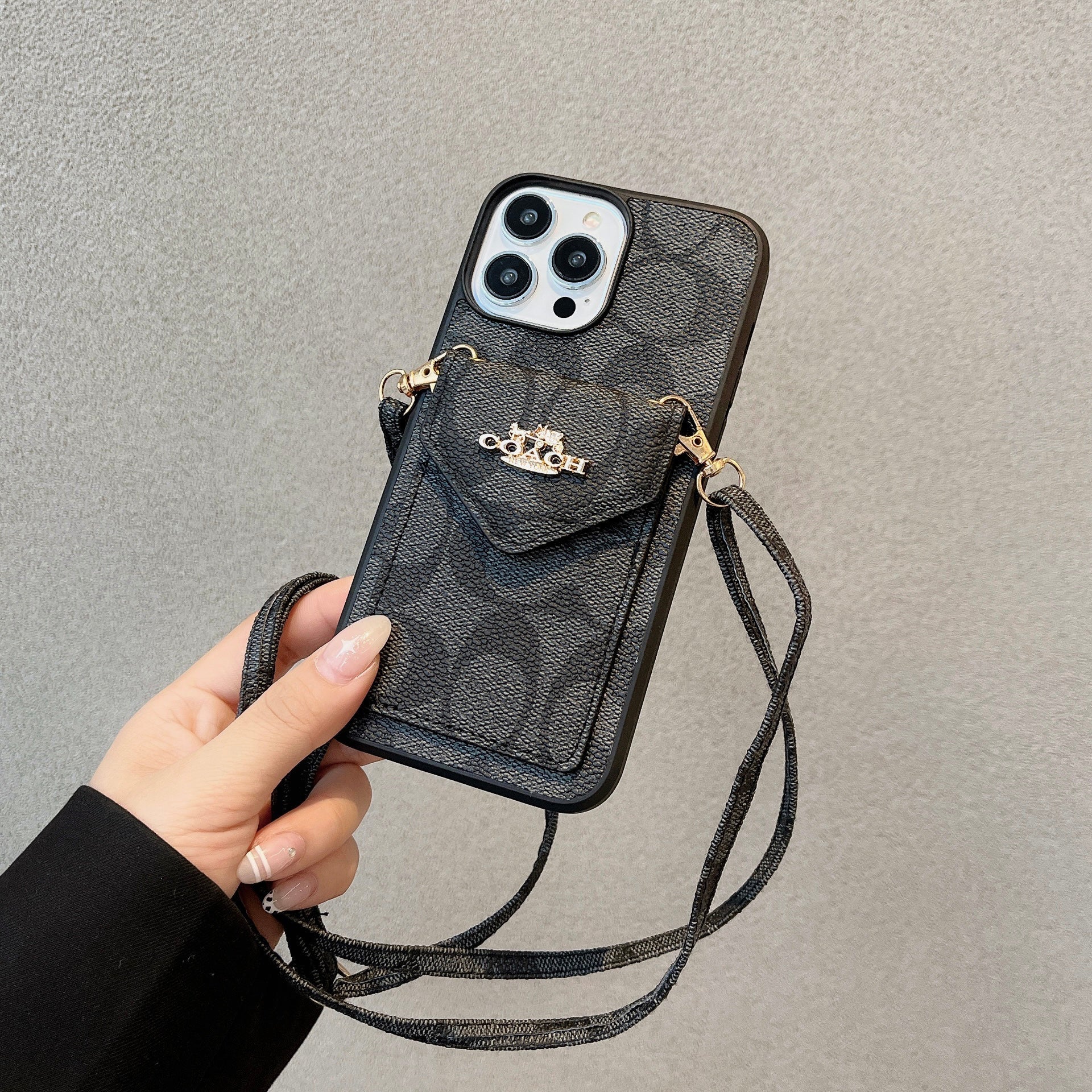 Coach iPhone Case With Card Holder And Strap Light Black -SJ240513 - Wholesale & Influencer