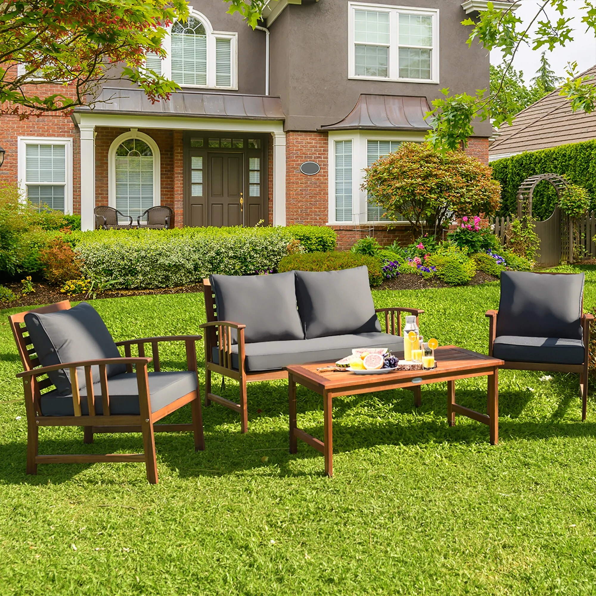 4 PCS Wooden Patio Furniture Set Outdoor Seating Chat Set Grey