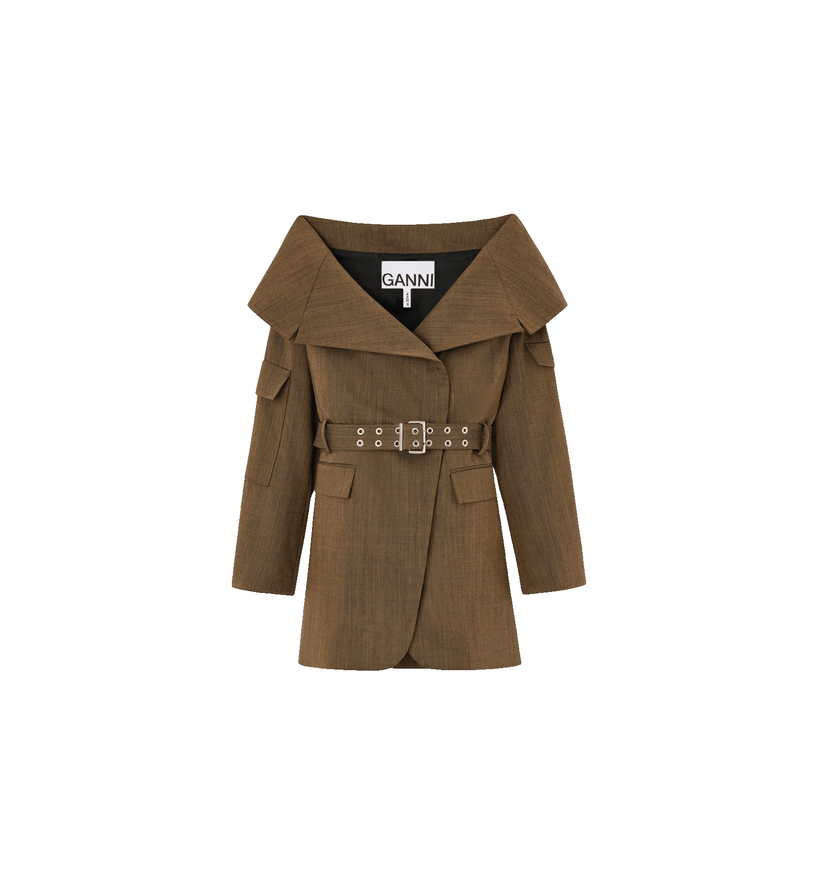 GANNI Light Wool Melange Open Collar Blazer