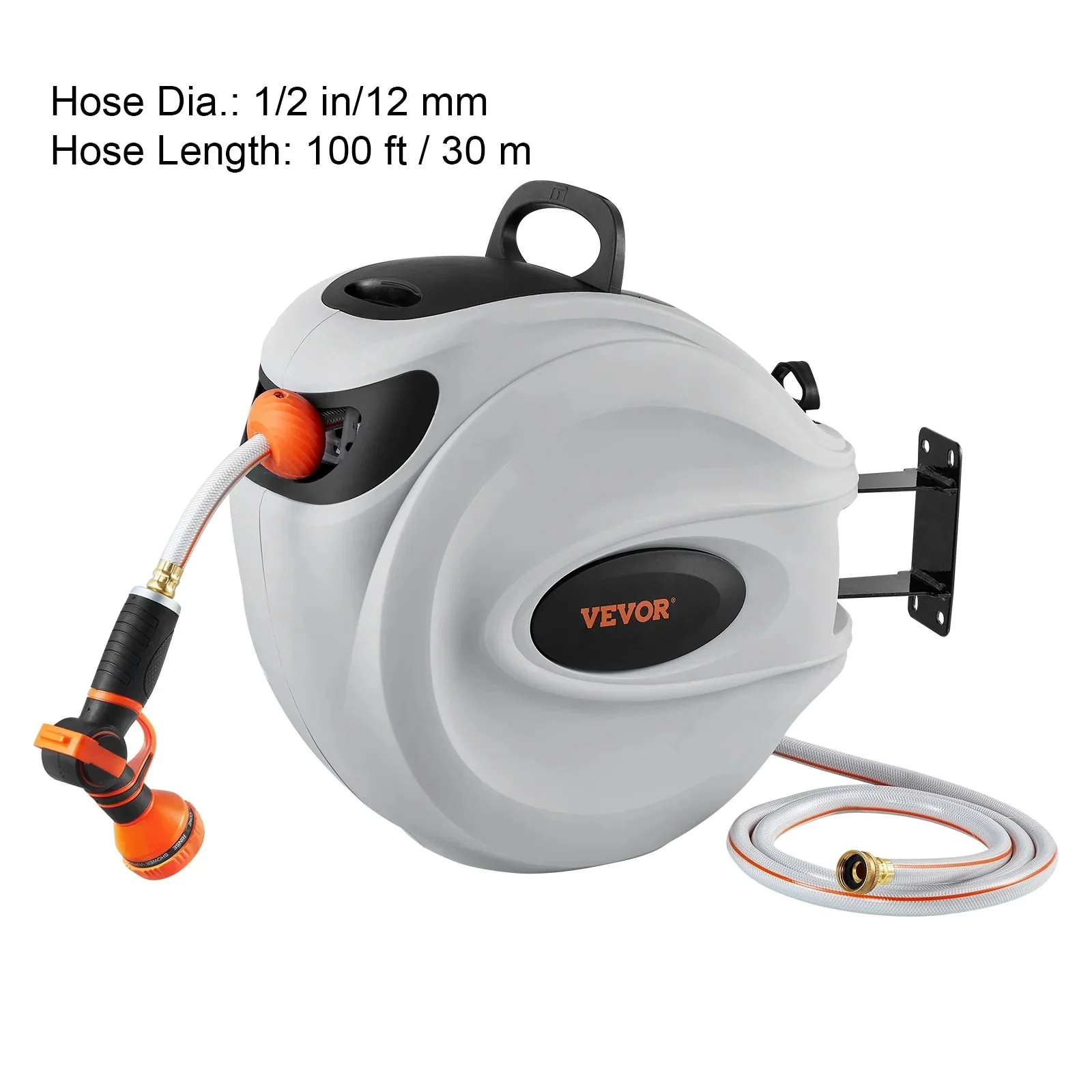 VEVOR Retractable Garden Hose Reel, 100 ft x 1/2 inch, Wall-Mounted With 9-Pattern Nozzle - Image 8 VEVOR Retractable Garden Hose Reel, 100 ft x 1/2 inch, Wall-Mounted With 9-Pattern Nozzle - Image 8