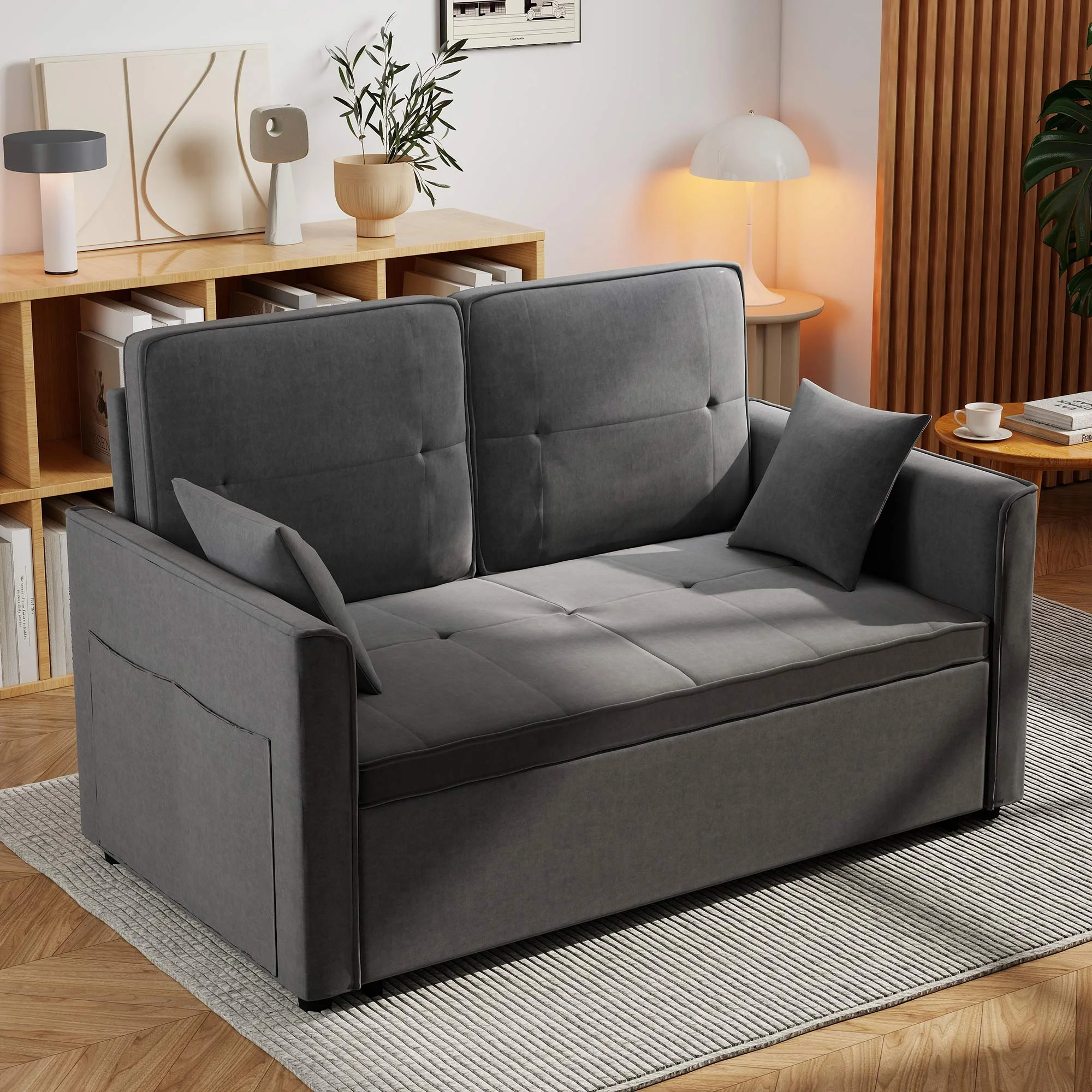 Convertible Sofa Bed,3-in-1 Sleeper Sofa with Pull Out Bed,Velvet Highly Elastic Sponge Futon Couch Loveseat with Adjustable Backrest and 2 Pillows for Living Room,Gray - Image 7