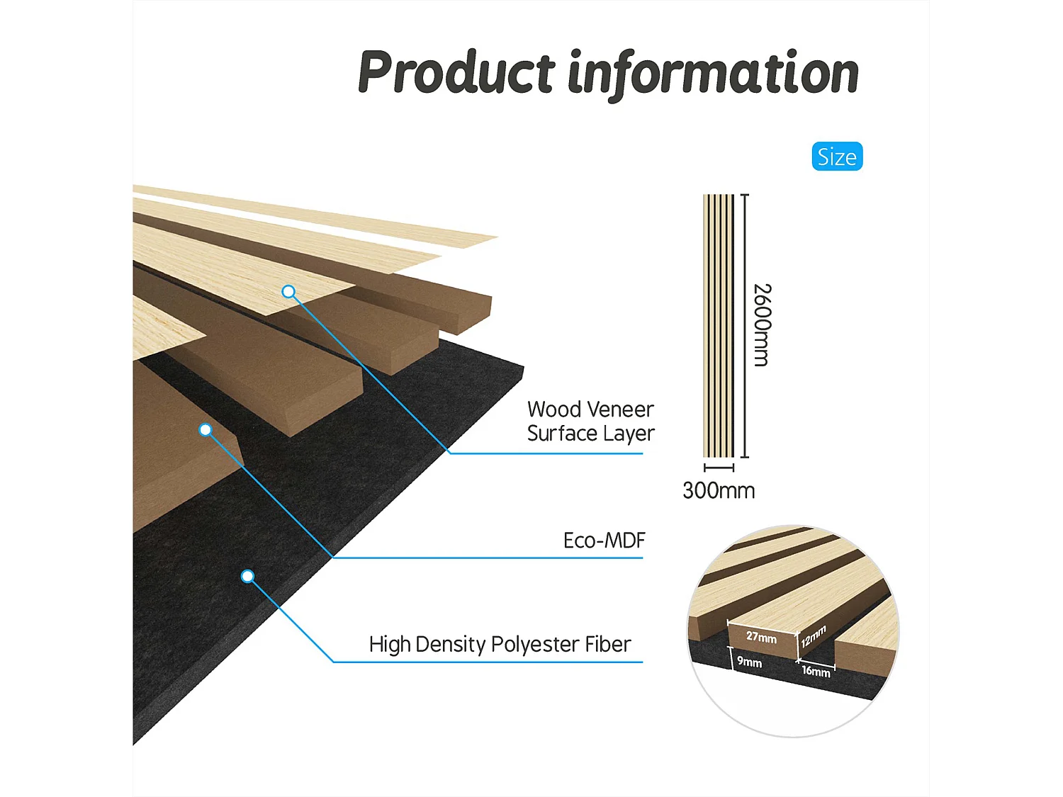 Panneaux décoratifs AICA, panneaux muraux en MDF imitation bois, lot de 2, 260 x 30 cm, Teinte chêne naturel