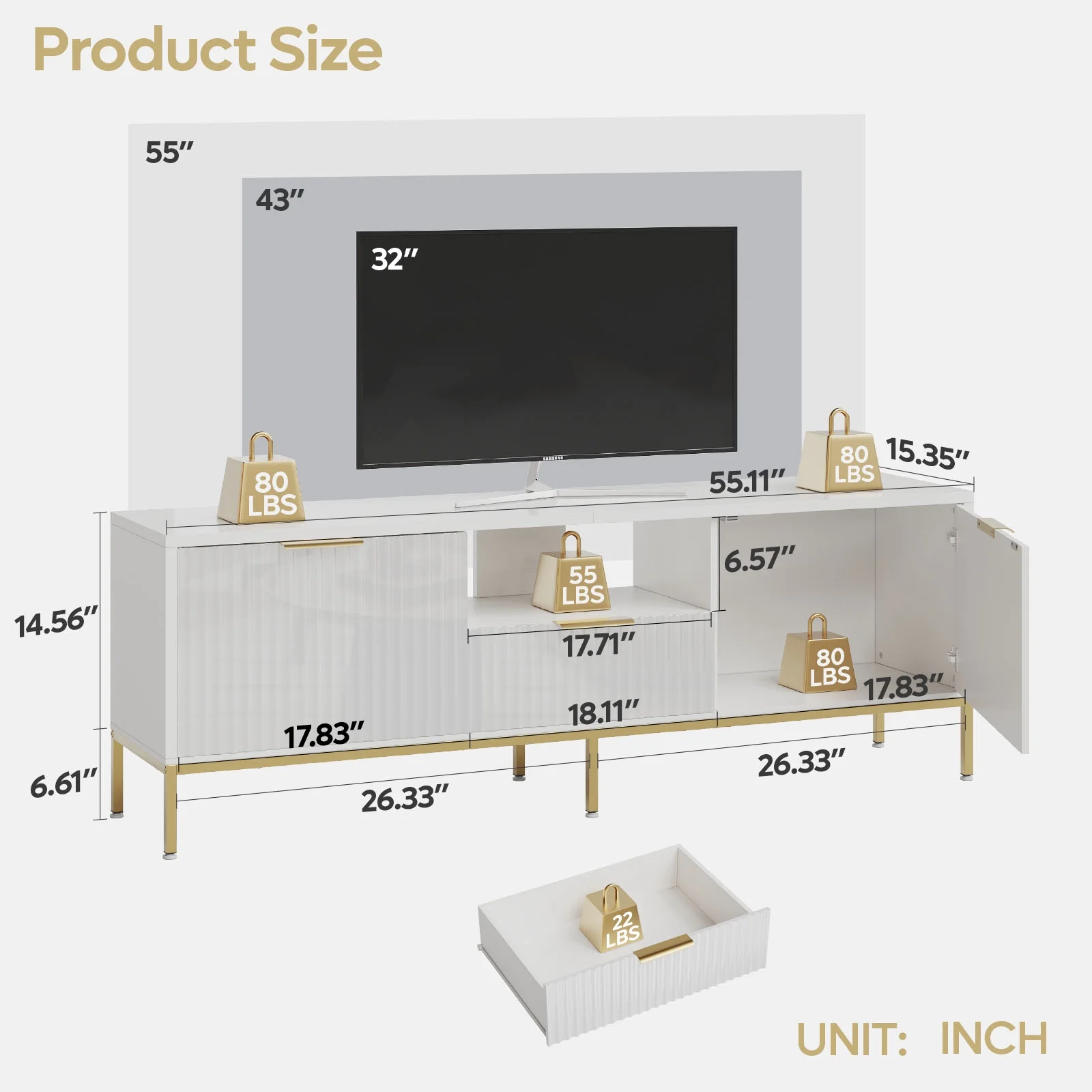 Bestier 55" LED TV Stand for TVs up to 60" Modern High Gloss Entertainment Center with Drawers Cabinets Fluted TV Console, White & Gold - Image 12