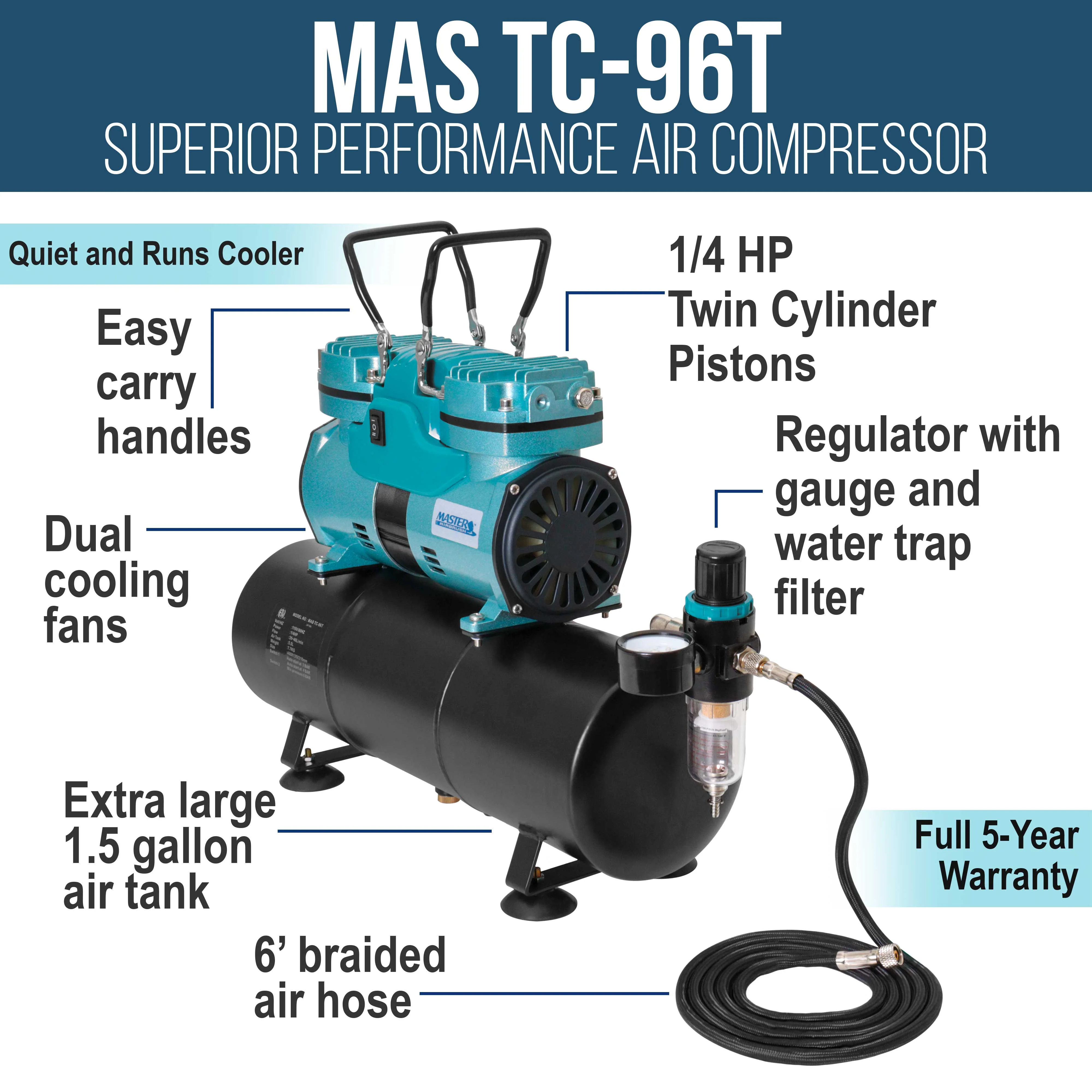 Cool Running Master Airbrush 1/4 hp Twin Cylinder Piston Air Compressor with Extra Large Storage Tank - High Airflow