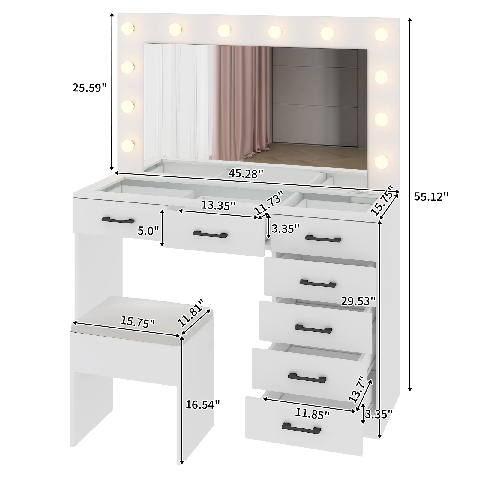 Ktaxon Large Makeup Vanity, Vanity Table Set w/ Visible Glass Top w/ Charging Station, White - Image 49