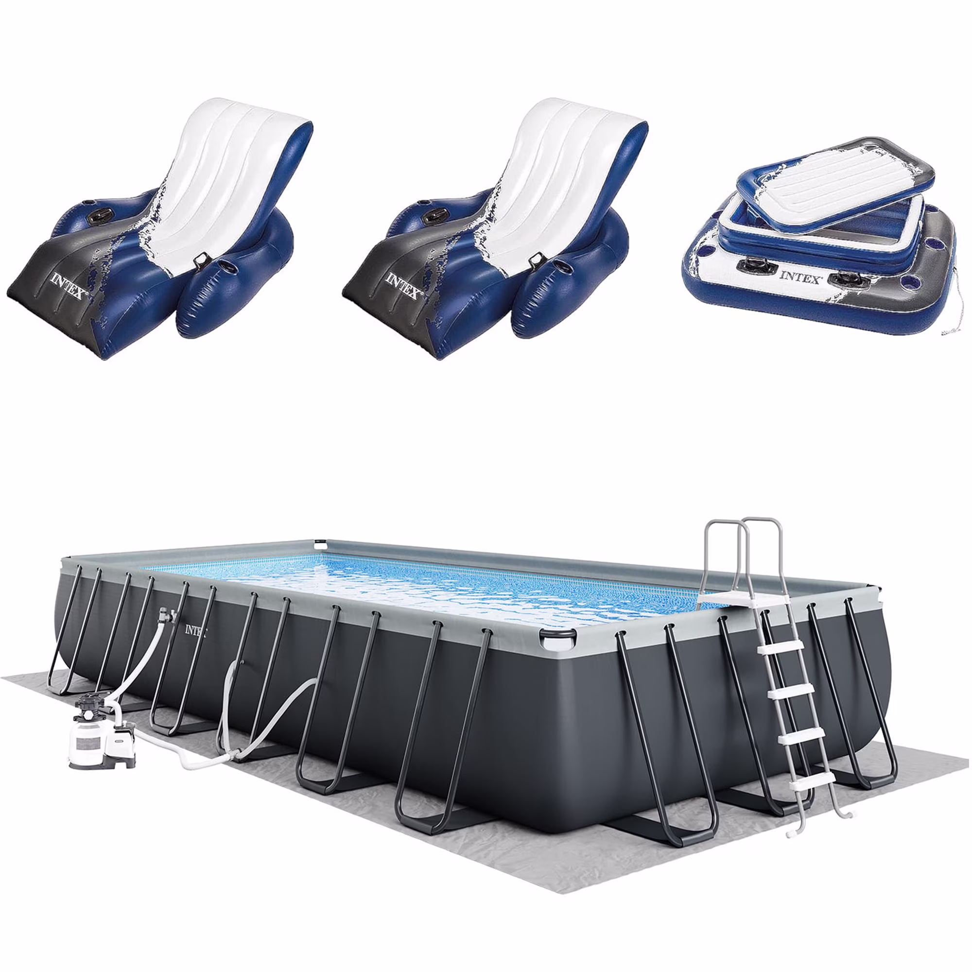 INTEX Ultra XTR Above Ground Pool 24ft x 12ft x 52in With 2 Floating Recliners And Mega Chill II Cooler