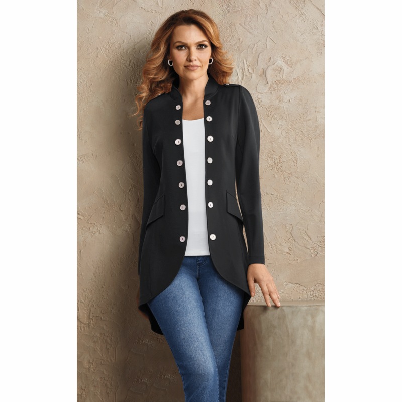 Rumor Long Open-Front Women's  Jacket with Stretch - MIDNIGHT VELVET CATALOG