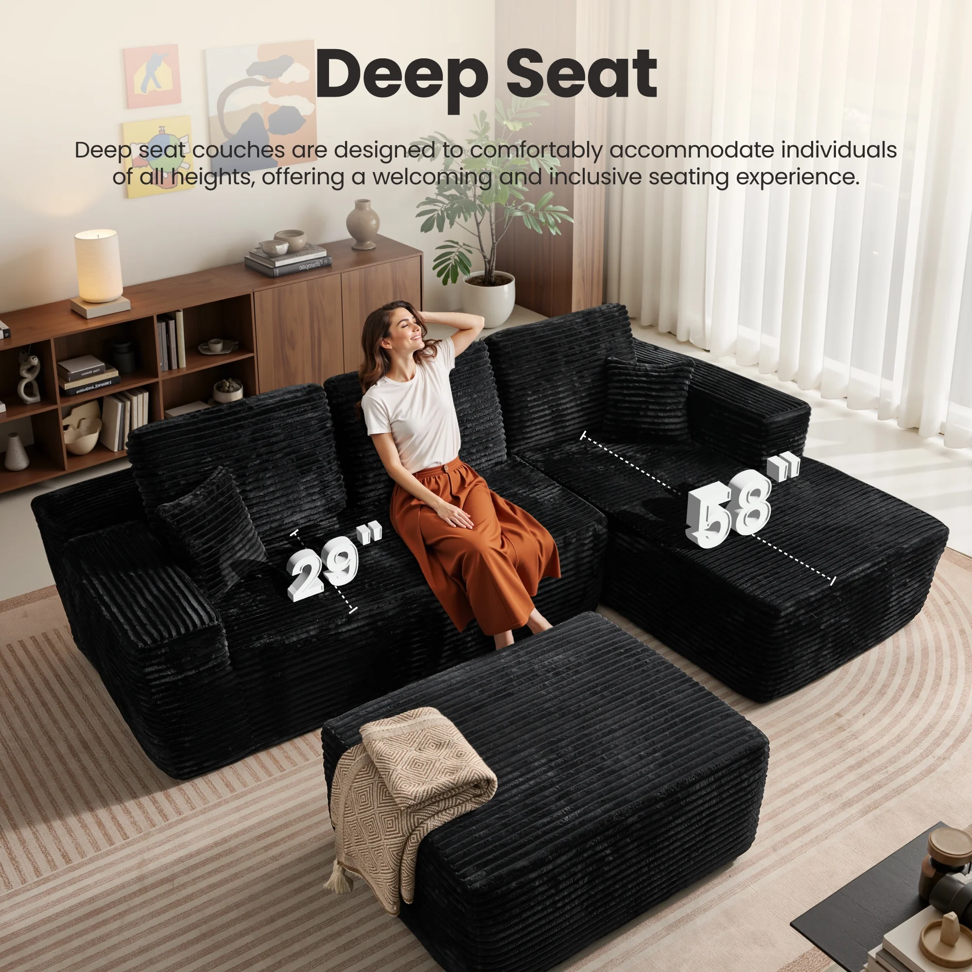 Ovios 106" L-Shaped Sectional Sofa Modern Modular Cloud Couch with Deep Seating Upholstered Sofa for Living Room Bedroom, No Assembly Required, Black(Corduroy) - Image 59