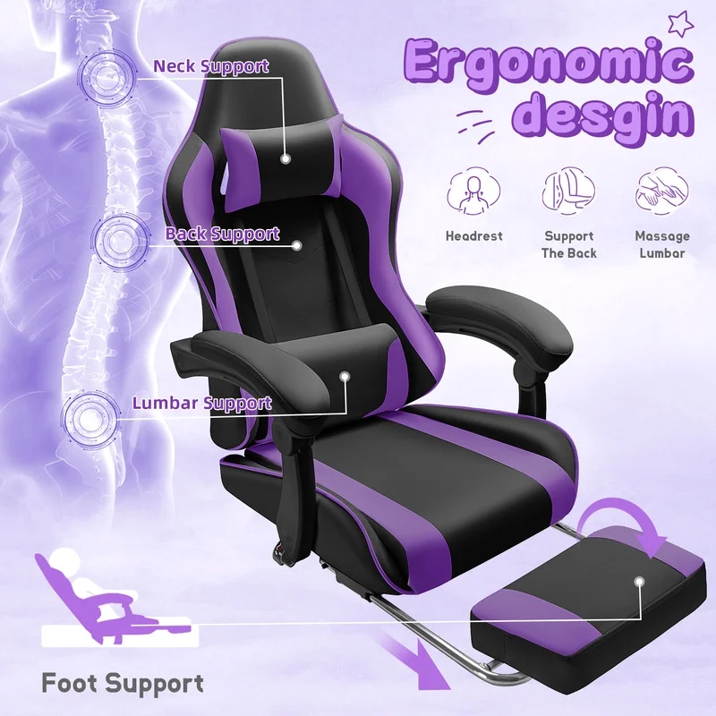 Lacoo PU Leather Gaming Chair Massage Ergonomic Gamer Chair Height Adjustable Computer Chair with Footrest & Lumbar Support, White - Image 39
