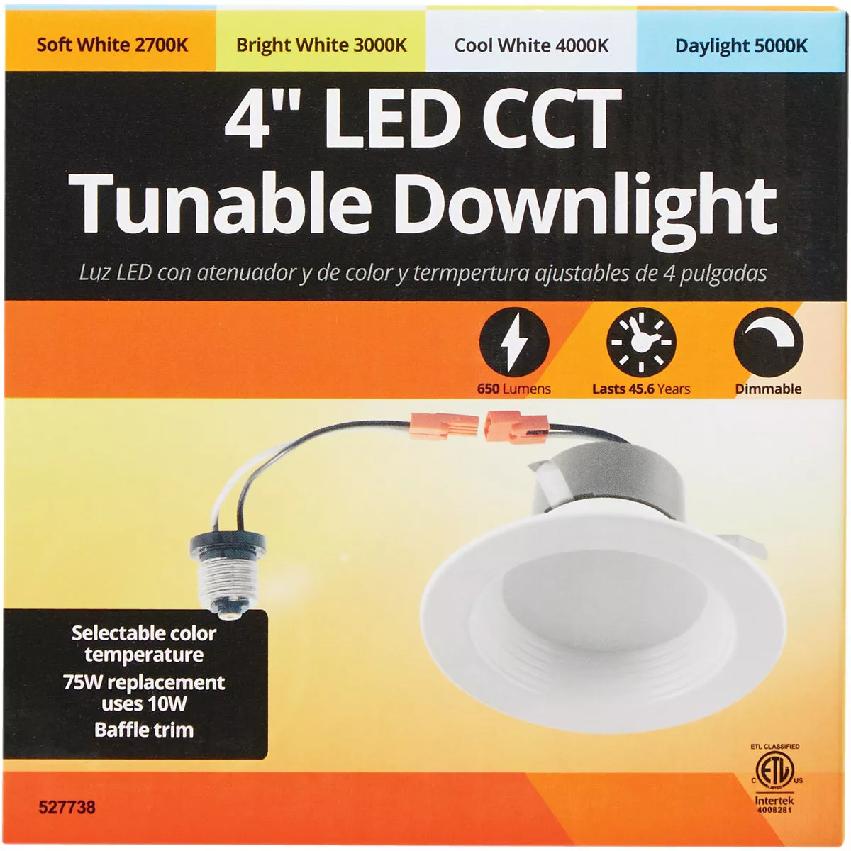 4 In. Retrofit IC Rated White LED CCT Tunable Downlight with Baffle Trim, 650 Lm.