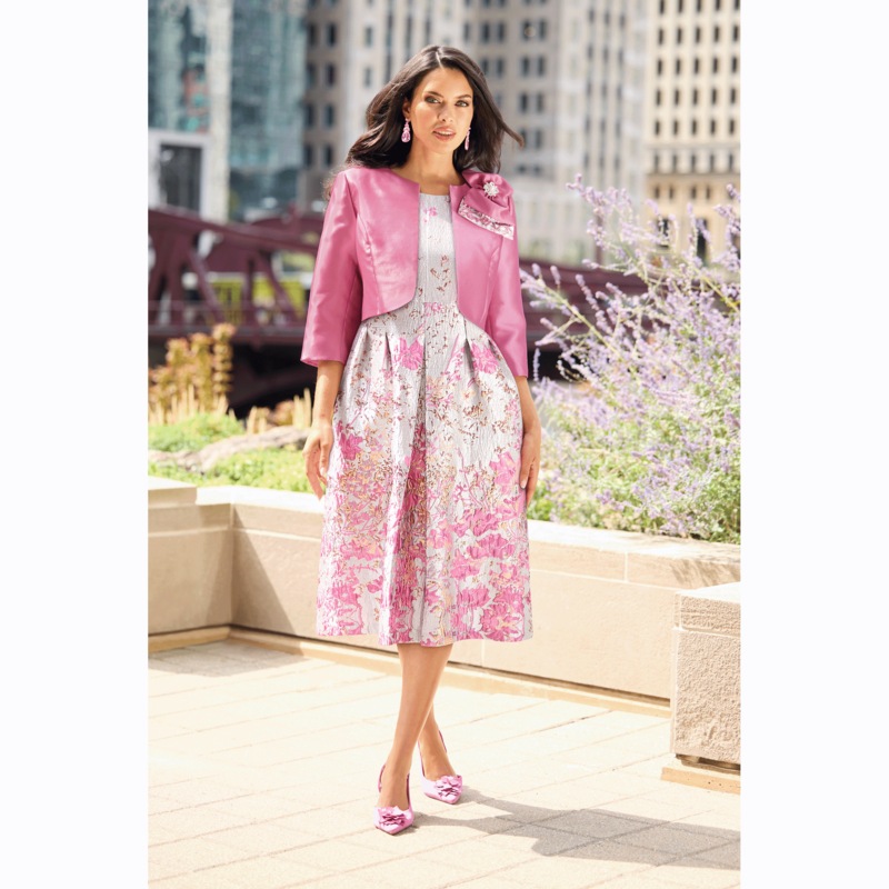 Minna Metallic Brocade Dress with Cropped Jacket and Removable Bow Detail - MIDNIGHT VELVET CATALOG