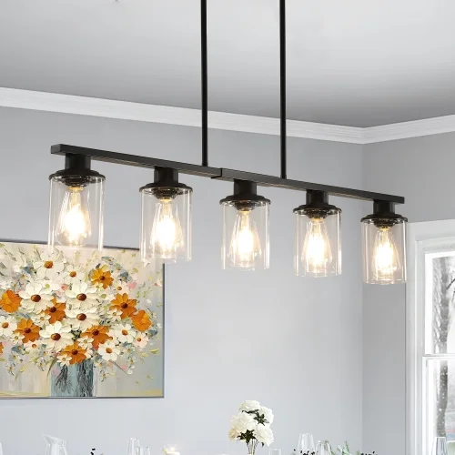 ACE-LIGHTS,Modern Industrial 5-Light Chandelier with Clear Glass Shades(Bulbs Not Included),Hanging Ceiling Light Fixture for Living Room,Dining Room,Kitchen Island(Black)