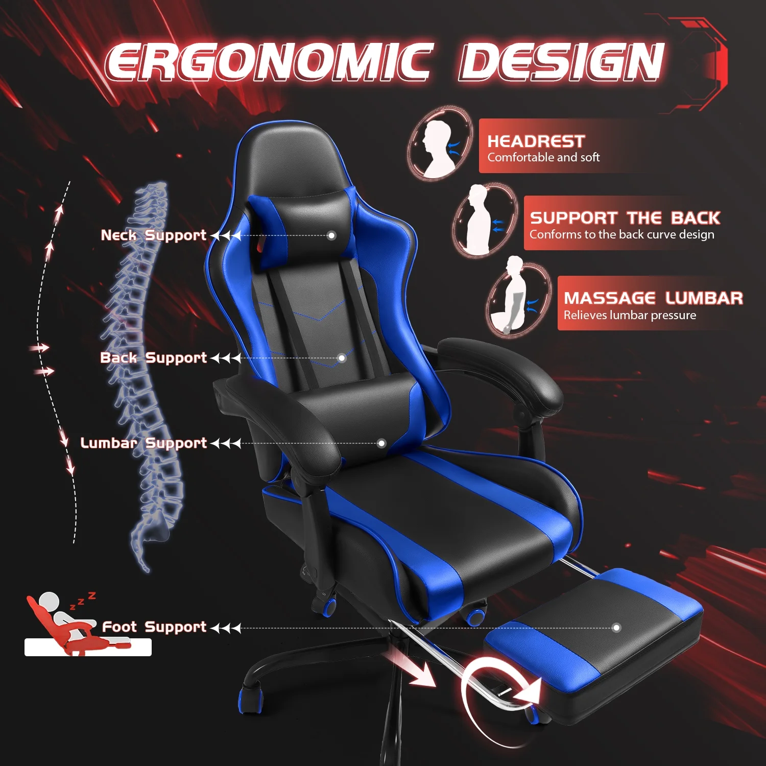 Lacoo PU Leather Gaming Chair Massage Ergonomic Gamer Chair Height Adjustable Computer Chair with Footrest & Lumbar Support, White - Image 26
