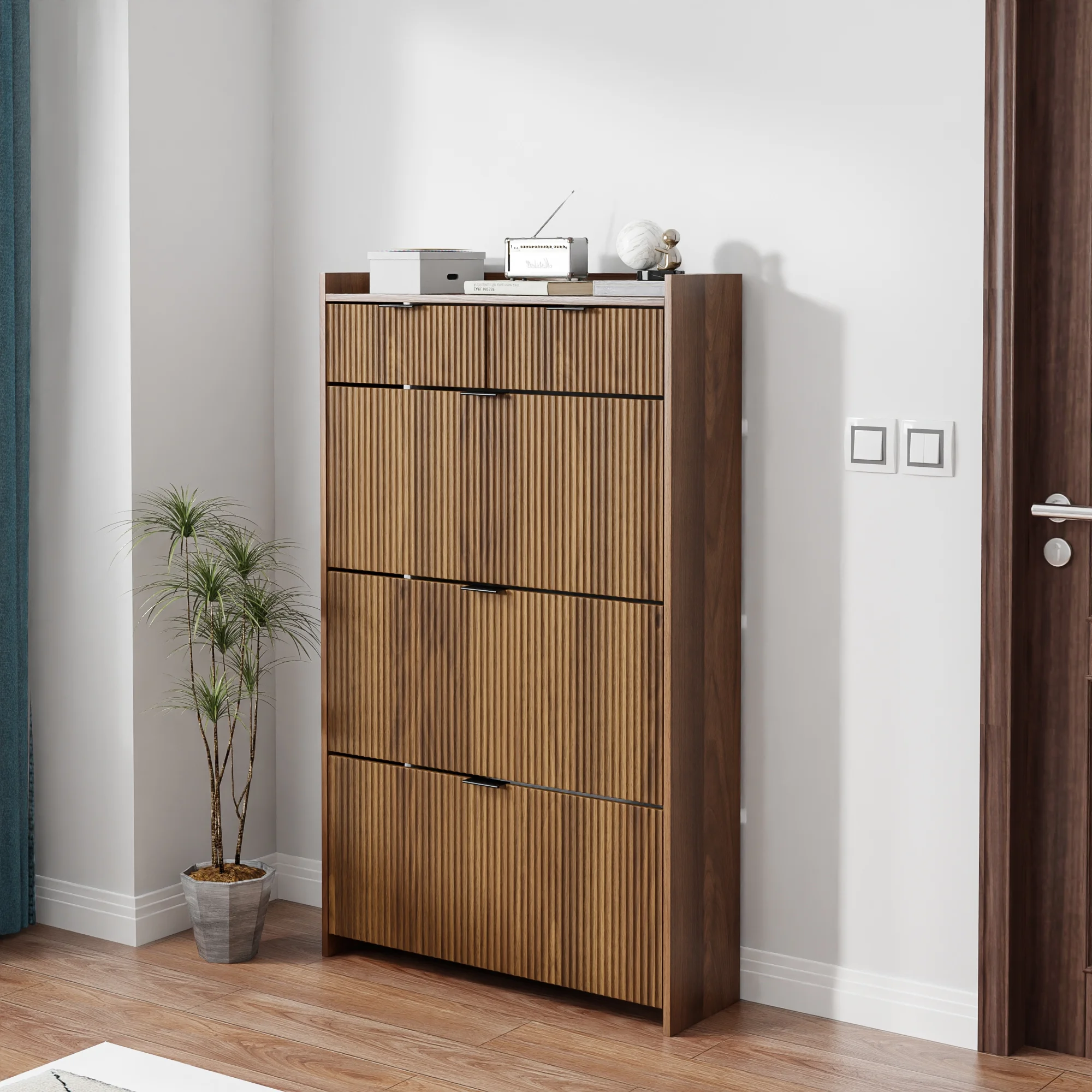 Shoe Cabinet, Free Standing Tipping Bucket Shoe Rack Organizer with 3 Flip Drawers, Modern Entryway Narrow Shoe Rack with 2 Drawers & Top Storage, for Hallway Bedroom, Walnut - Image 7